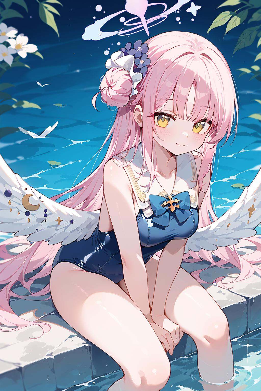(score_9,score_8_up,score_7_up),<lora:Mika(Arknights)-v1:1>,1girl,mika (blue archive),wings,long hair,solo,halo,pink hair,single side bun,smile,bow,capelet,hair bun,white wings,hair ornament,feathered wings,flower,breasts,looking at viewer,bangs,blush,hair flower,yellow eyes,angel wings,closed mouth,scrunchie,blue bow,medium breasts,very long hair,bowtie,low wings,black scrunchie,black bow,leaning forward,one-piece swimsuit,swimsuit,long hair,sitting,looking at viewer,wariza,water,school swimsuit,braid,breasts,white one-piece swimsuit,barefoot,shallow water,bare legs,flower,bangs,hand between legs,single braid,bare arms,collarbone,between legs,blush,blue one-piece swimsuit,white flower,bare shoulders,bow,blurry,good feet,anime,NSFW,expressive,amazing quality,ultra hd 32k,