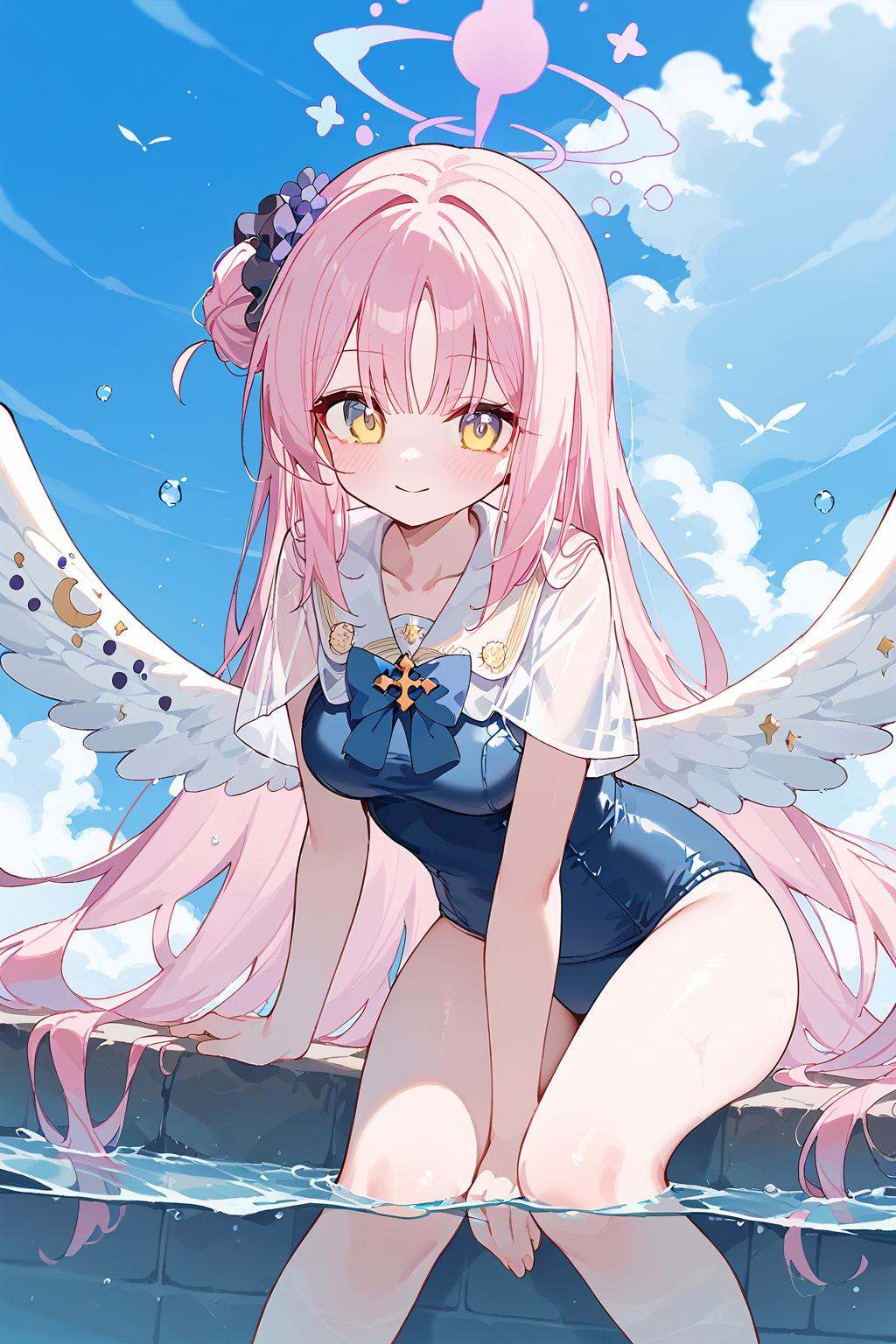 (score_9,score_8_up,score_7_up),<lora:Mika(Arknights)-v1:1>,1girl,mika (blue archive),wings,long hair,solo,halo,pink hair,single side bun,smile,bow,capelet,hair bun,white wings,hair ornament,feathered wings,flower,breasts,looking at viewer,bangs,blush,hair flower,yellow eyes,angel wings,closed mouth,scrunchie,blue bow,medium breasts,very long hair,bowtie,low wings,black scrunchie,black bow,leaning forward,one-piece swimsuit,swimsuit,long hair,sitting,looking at viewer,wariza,water,school swimsuit,braid,breasts,white one-piece swimsuit,barefoot,shallow water,bare legs,flower,bangs,hand between legs,single braid,bare arms,collarbone,between legs,blush,blue one-piece swimsuit,white flower,bare shoulders,bow,blurry,good feet,anime,NSFW,expressive,amazing quality,ultra hd 32k,