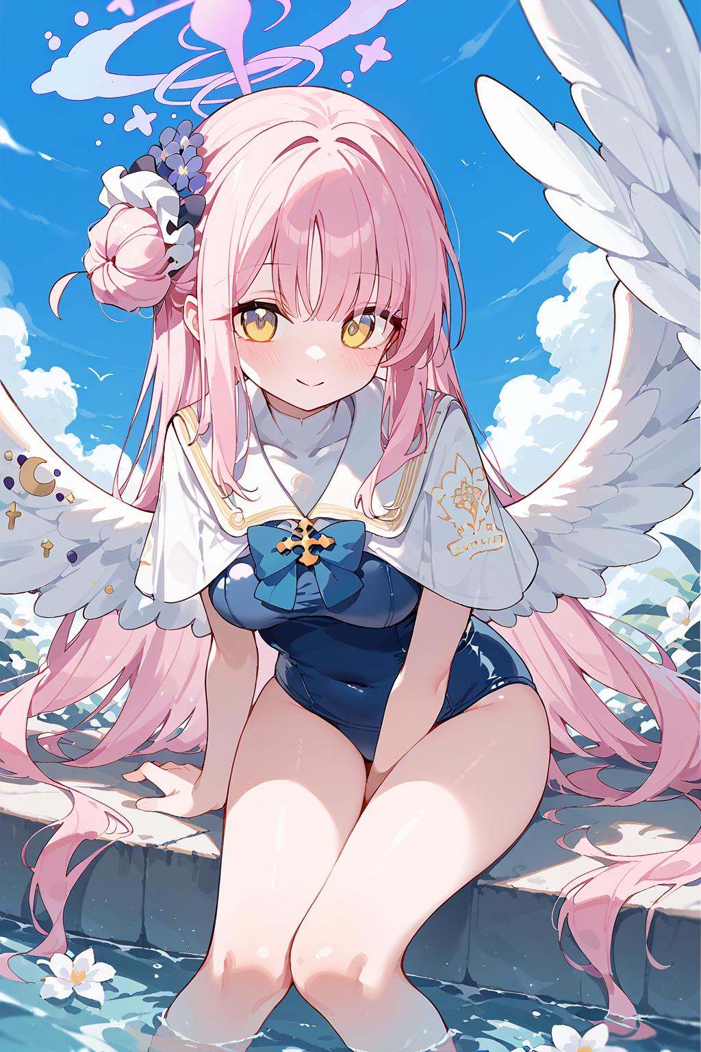 (score_9,score_8_up,score_7_up),<lora:Mika(Arknights)-v1:1>,1girl,mika (blue archive),wings,long hair,solo,halo,pink hair,single side bun,smile,bow,capelet,hair bun,white wings,hair ornament,feathered wings,flower,breasts,looking at viewer,bangs,blush,hair flower,yellow eyes,angel wings,closed mouth,scrunchie,blue bow,medium breasts,very long hair,bowtie,low wings,black scrunchie,black bow,leaning forward,one-piece swimsuit,swimsuit,long hair,sitting,looking at viewer,wariza,water,school swimsuit,braid,breasts,white one-piece swimsuit,barefoot,shallow water,bare legs,flower,bangs,hand between legs,single braid,bare arms,collarbone,between legs,blush,blue one-piece swimsuit,white flower,bare shoulders,bow,blurry,good feet,anime,NSFW,expressive,amazing quality,ultra hd 32k,