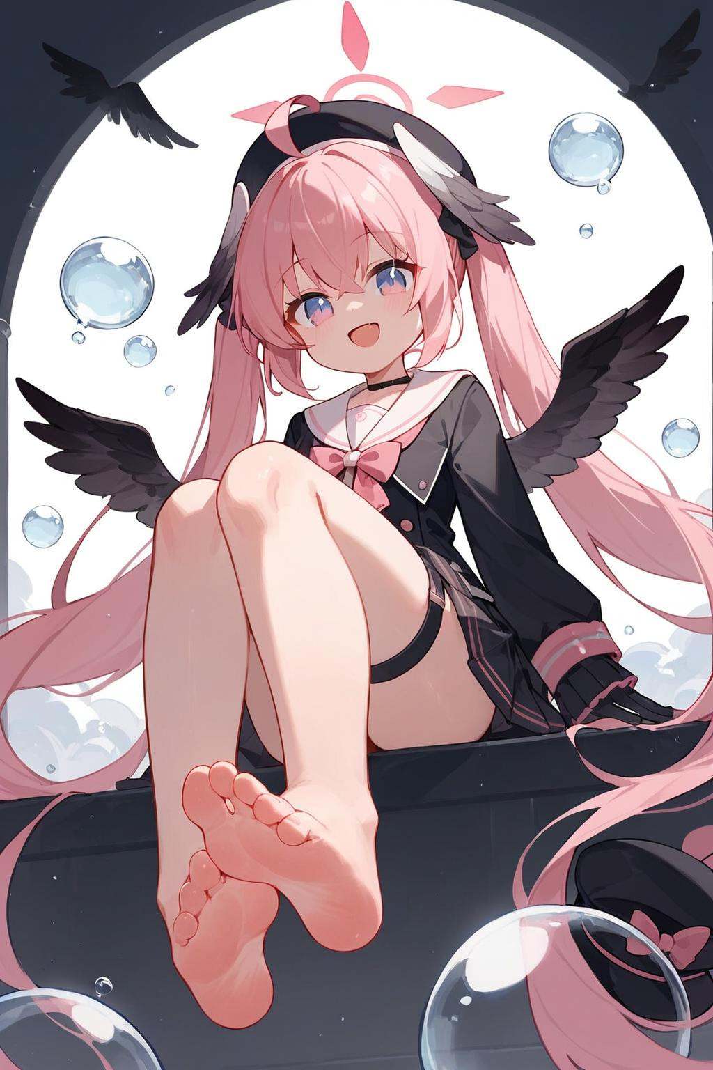 (score_9,score_8_up,score_7_up),1girl,koharu (blue archive),pink hair,head wings,wings,twintails,black wings,hat,pink eyes,halo,socks,feathered wings,black headwear,beret,long hair,winged hat,bangs,long sleeves,school uniform,low wings,barefoot,hat,open mouth,very long hair,thigh strap,smile,blue eyes,black gloves,ahoge,long sleeves,bangs,hat removed,full body,:d,soles,feet,bubble,dress,hair between eyes,looking at viewer,holding,jacket,toes,bare legs,jewelry,twintails,holding hat,good feet,anime,NSFW,expressive,amazing quality,ultra hd 32k,
