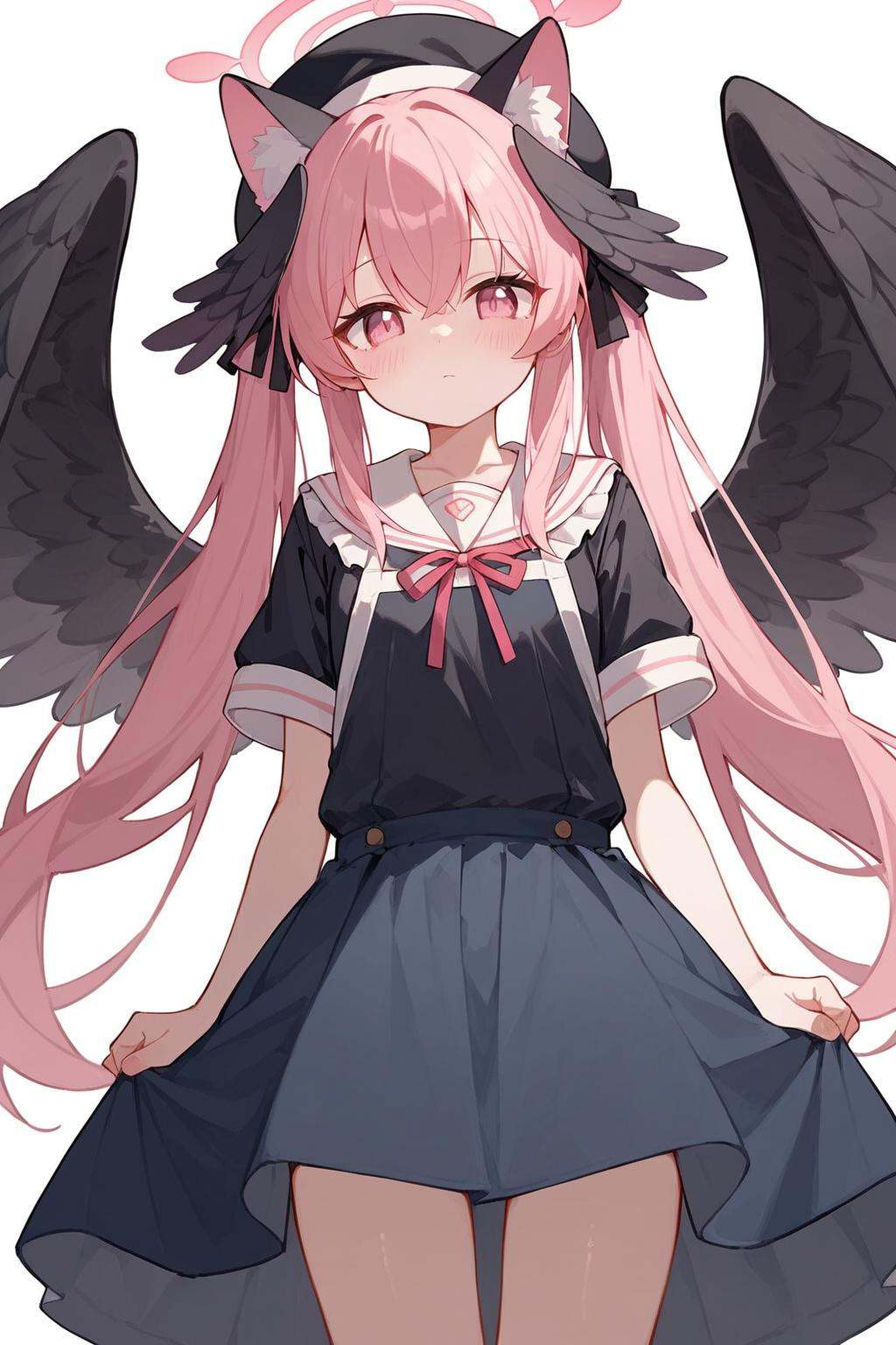 (score_9,score_8_up,score_7_up),1girl,koharu (blue archive),pink hair,head wings,wings,twintails,black wings,hat,pink eyes,halo,socks,feathered wings,black headwear,beret,long hair,winged hat,bangs,long sleeves,school uniform,low wings,1girl,animal ears,long hair,twintails,skirt,short sleeves,animal ear fluff,cat ears,looking at viewer,shirt,blush,very long hair,black shirt,bangs,ribbon,hair ribbon,apron,hair between eyes,closed mouth,cowboy shot,blue skirt,good feet,anime,NSFW,expressive,amazing quality,ultra hd 32k,