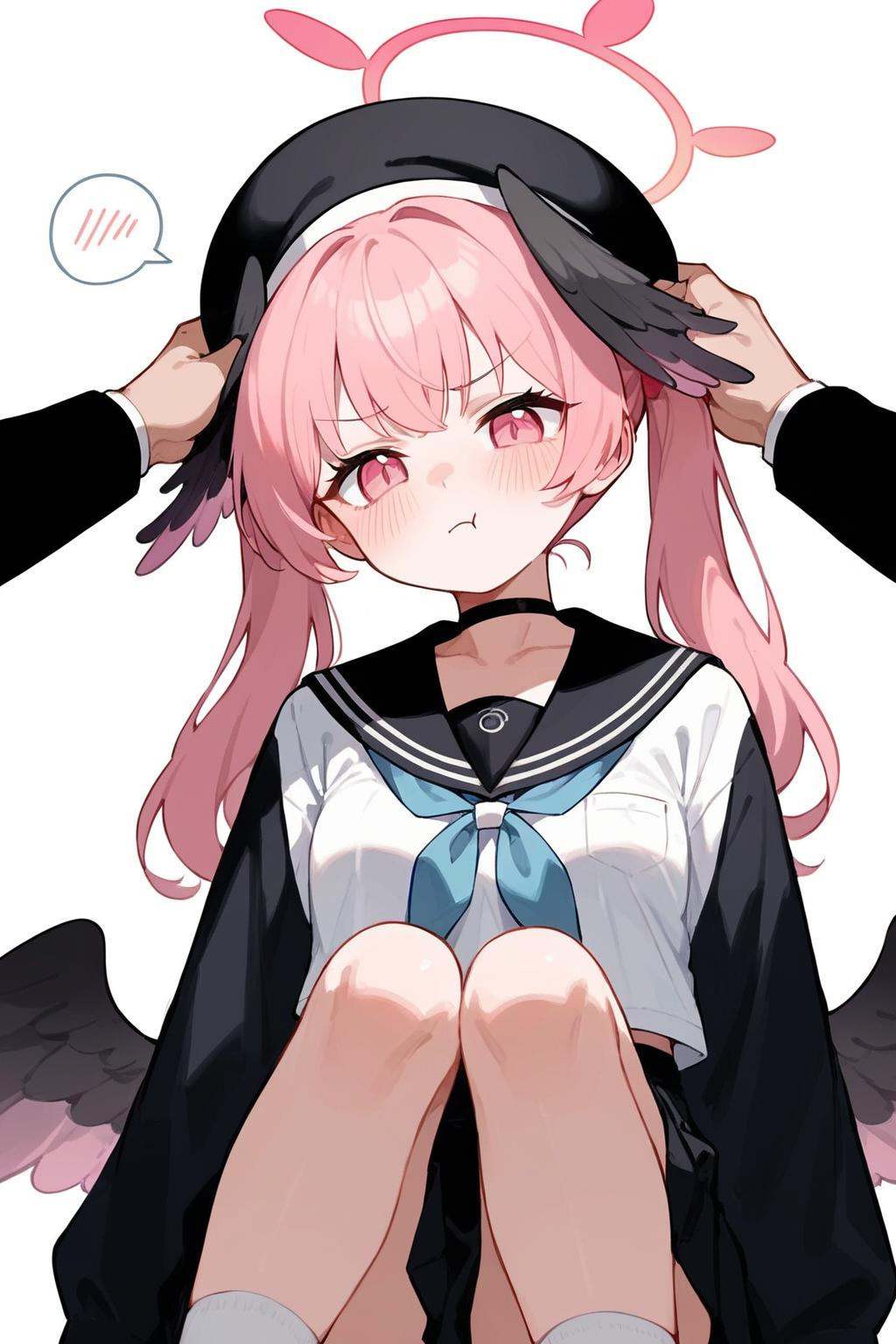 (score_9,score_8_up,score_7_up),1girl,koharu (blue archive),pink hair,head wings,wings,twintails,black wings,pink eyes,halo,socks,feathered wings,black headwear,long hair,winged hat,bangs,long sleeves,low wings,1girl,halo,squiggle,headpat,animal ears,school uniform,blush,sailor collar,spoken squiggle,solo focus,serafuku,black choker,pout,neckerchief,long sleeves,skirt,:t,choker,bangs,blue neckerchief,nail polish,white shirt,shirt,black sailor collar,black skirt,breasts,closed mouth,good feet,anime,NSFW,expressive,amazing quality,ultra hd 32k,