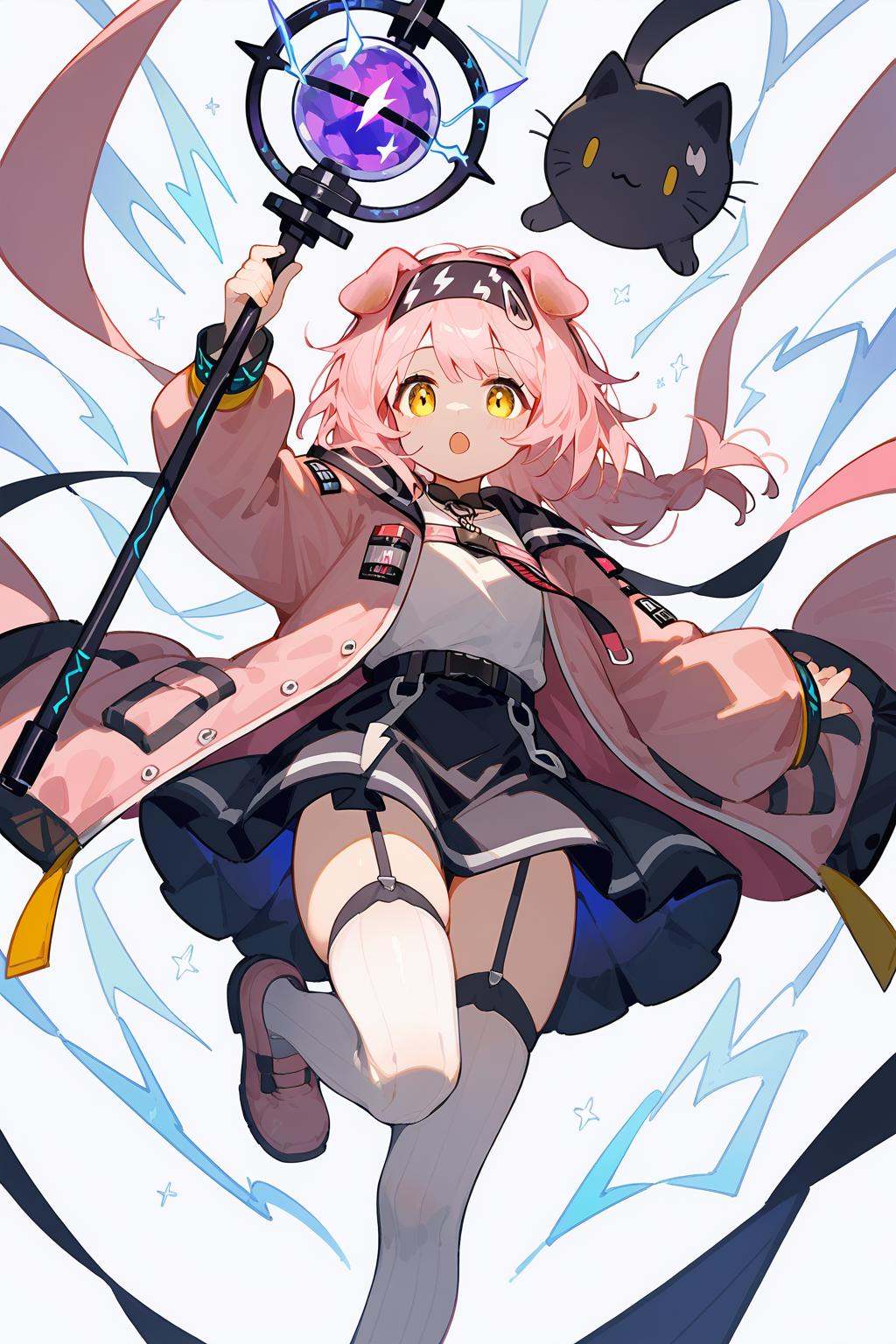 (score_9,score_8_up,score_7_up),<lora:Goldenglow(Arknights)-v1-000006:0.8>,goldenglow (arknights),1girl,solo,animal ears,thighhighs,cat ears,pink hair,long hair,skirt,open mouth,holding,garter straps,yellow eyes,black hairband,electricity,white thighhighs,black skirt,shirt,white shirt,open clothes,hairband,looking at viewer,long sleeves,staff,jacket,holding staff,cat girl,shoes,arm up,cat tail,pink coat,zettai ryouiki,pink footwear,bangs,hair down,floppy ears,good feet,anime,NSFW,expressive,amazing quality,ultra hd 32k,