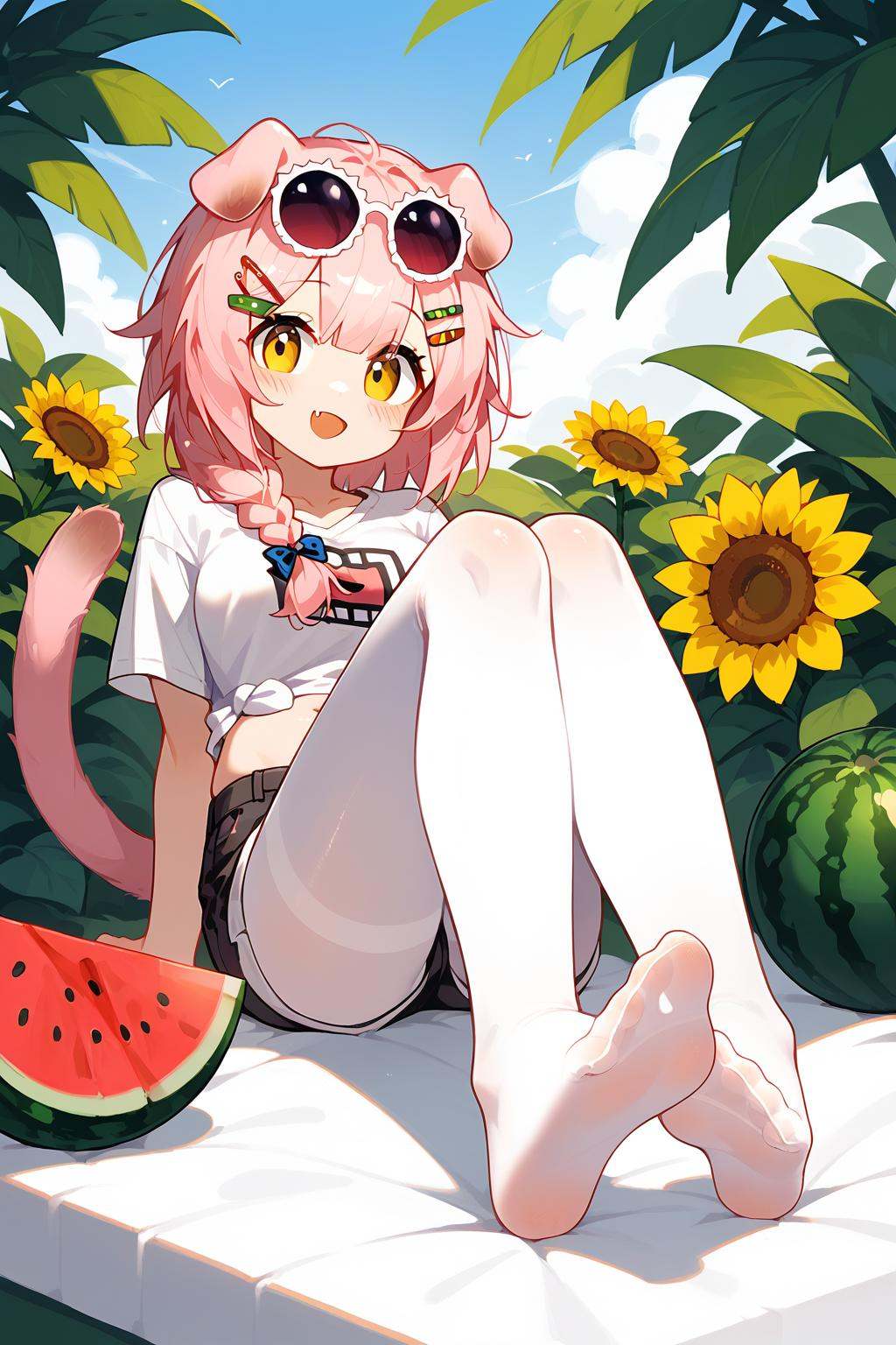(score_9,score_8_up,score_7_up),<lora:Goldenglow(Arknights)-v1-000008:0.8>,goldenglow (arknights),1girl,animal ears,tail,pink hair,cat ears,cat tail,feet,solo,foot focus,no shoes,navel,soles,eyewear on head,yellow eyes,pantyhose,shorts,hair ornament,braid,toes,looking at viewer,white pantyhose,foreshortening,cat girl,sunflower,long hair,open mouth,blush,smile,sitting,watermelon,sunglasses,legs,fang,hairclip,holding,midriff,full body,breasts,bangs,white shirt,short shorts,shirt,good feet,anime,NSFW,expressive,amazing quality,ultra hd 32k,