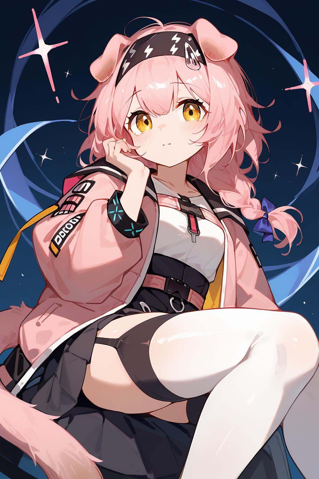 (score_9,score_8_up,score_7_up),<lora:Goldenglow(Arknights)-v1-000008:0.8>,goldenglow (arknights),1girl,solo,animal ears,yellow eyes,garter straps,cat ears,thighhighs,long hair,skirt,white thighhighs,braid,black skirt,pink hair,hairband,tail,cat tail,long sleeves,pink coat,jacket,pink jacket,bow,blue bow,looking at viewer,black hairband,cat girl,bangs,shirt,floppy ears,open clothes,open jacket,hair between eyes,white shirt,good feet,anime,NSFW,expressive,amazing quality,ultra hd 32k,