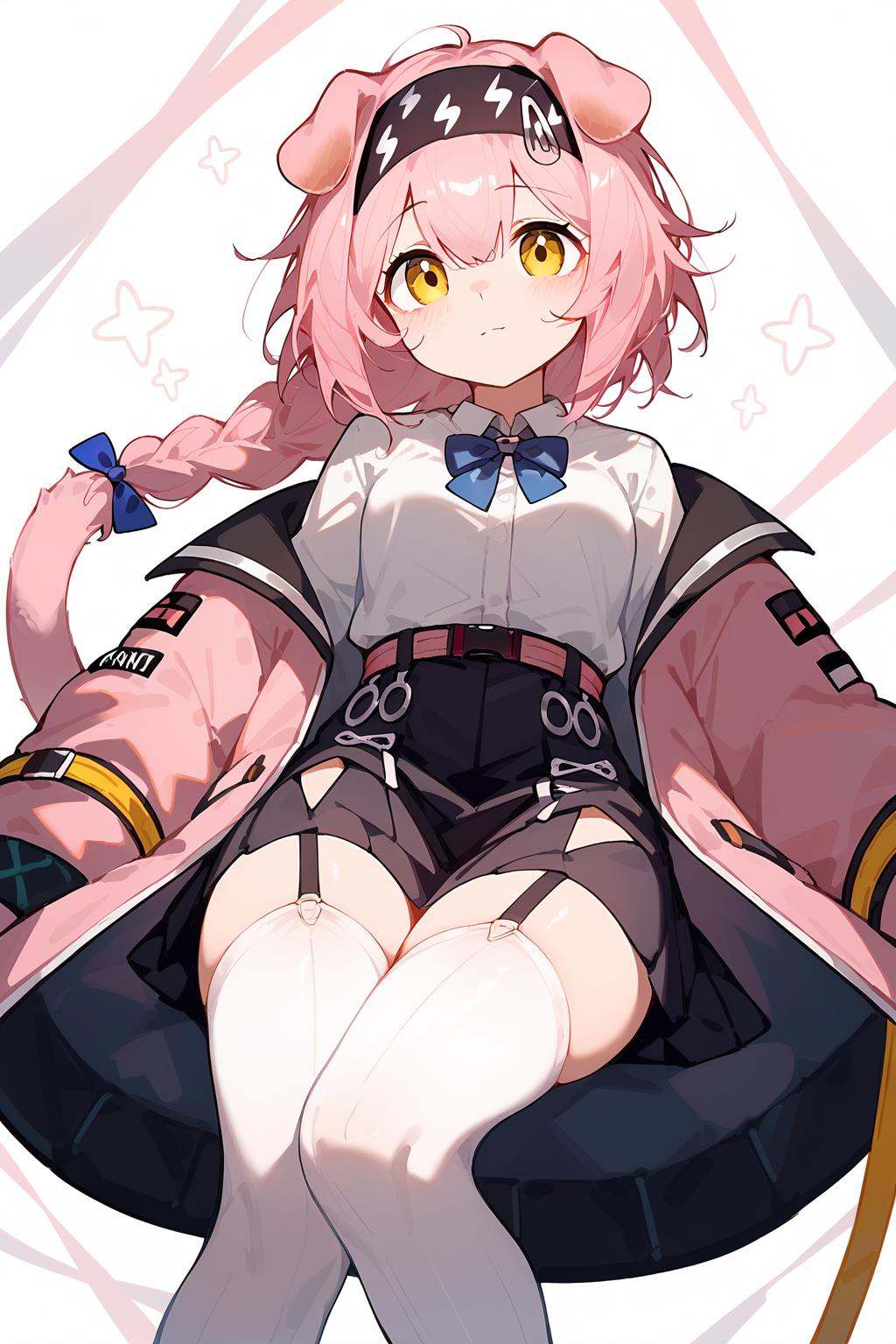 (score_9,score_8_up,score_7_up),<lora:Goldenglow(Arknights)-v1-000008:0.8>,goldenglow (arknights),1girl,solo,animal ears,yellow eyes,garter straps,cat ears,thighhighs,long hair,skirt,white thighhighs,braid,black skirt,pink hair,hairband,tail,cat tail,long sleeves,pink coat,jacket,pink jacket,bow,blue bow,looking at viewer,black hairband,cat girl,bangs,shirt,floppy ears,open clothes,open jacket,hair between eyes,white shirt,good feet,anime,NSFW,expressive,amazing quality,ultra hd 32k,