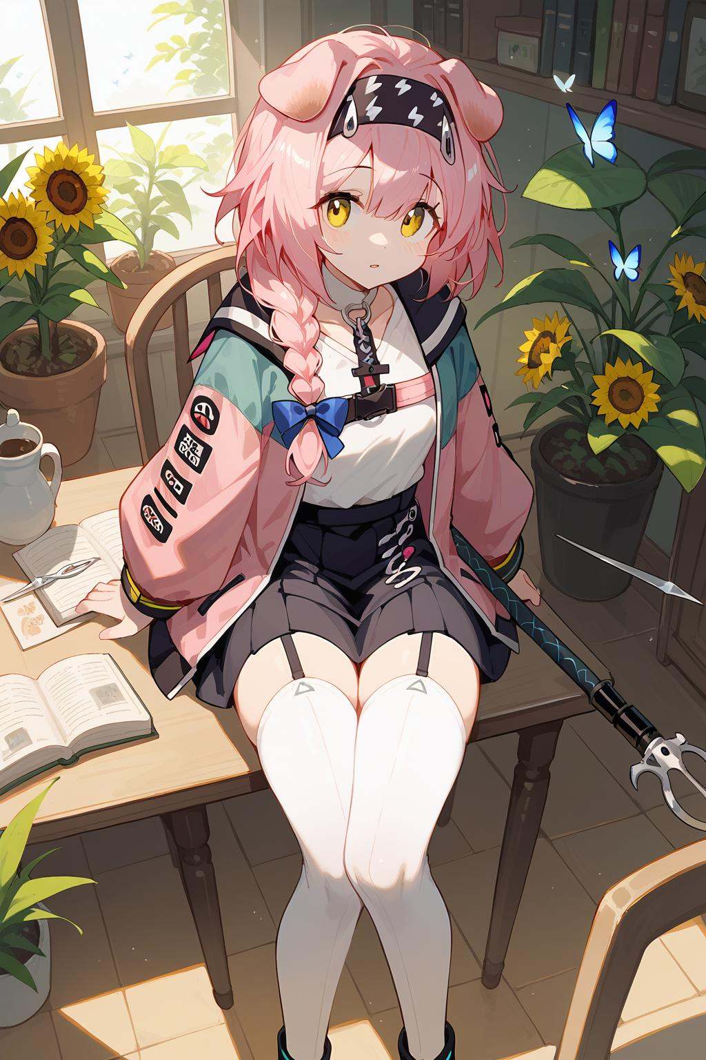(score_9,score_8_up,score_7_up),<lora:Goldenglow(Arknights)-v1-000008:0.8>,goldenglow (arknights),1girl,scissors,animal ears,bug,solo,garter straps,cat ears,thighhighs,long hair,skirt,flower,white thighhighs,braid,butterfly,black skirt,pink hair,hairband,tail,cat tail,open book,long sleeves,book,jacket,pink jacket,animal,bow,blue bow,yellow eyes,cat,looking at viewer,black hairband,hair bow,cat girl,from above,plant,bangs,yellow flower,shirt,floppy ears,parted lips,multicolored jacket,pink coat,indoors,open clothes,potted plant,two-tone jacket,sunflower,staff,single braid,open jacket,cup,:o,multicolored clothes,holding,hair between eyes,table,white shirt,floating object,chair,good feet,anime,NSFW,expressive,amazing quality,ultra hd 32k,