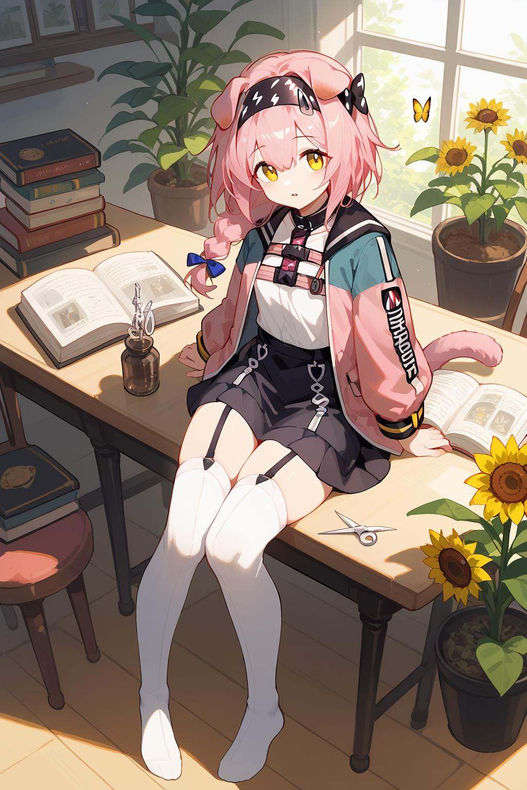 (score_9,score_8_up,score_7_up),<lora:Goldenglow(Arknights)-v1-000008:0.8>,goldenglow (arknights),1girl,scissors,animal ears,bug,solo,garter straps,cat ears,thighhighs,long hair,skirt,flower,white thighhighs,braid,butterfly,black skirt,pink hair,hairband,tail,cat tail,open book,long sleeves,book,jacket,pink jacket,animal,bow,blue bow,yellow eyes,cat,looking at viewer,black hairband,hair bow,cat girl,from above,plant,bangs,yellow flower,shirt,floppy ears,parted lips,multicolored jacket,pink coat,indoors,open clothes,potted plant,two-tone jacket,sunflower,staff,single braid,open jacket,cup,:o,multicolored clothes,holding,hair between eyes,table,white shirt,floating object,chair,good feet,anime,NSFW,expressive,amazing quality,ultra hd 32k,