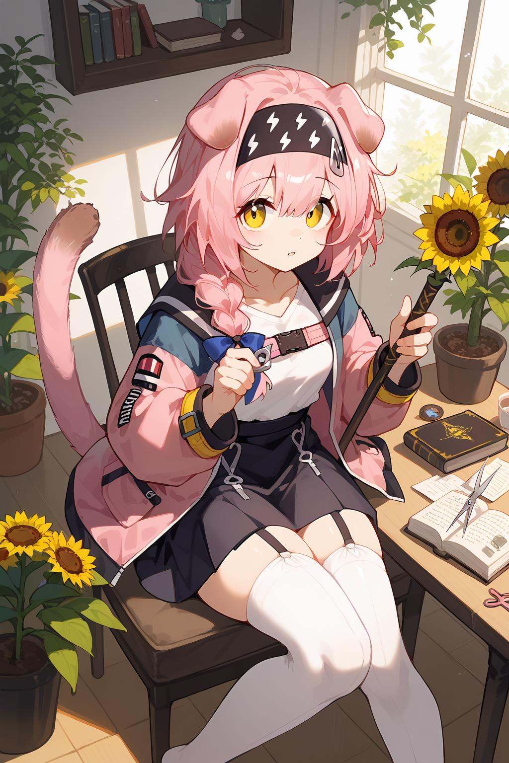 (score_9,score_8_up,score_7_up),<lora:Goldenglow(Arknights)-v1-000008:0.8>,goldenglow (arknights),1girl,scissors,animal ears,bug,solo,garter straps,cat ears,thighhighs,long hair,skirt,flower,white thighhighs,braid,butterfly,black skirt,pink hair,hairband,tail,cat tail,open book,long sleeves,book,jacket,pink jacket,animal,bow,blue bow,yellow eyes,cat,looking at viewer,black hairband,hair bow,cat girl,from above,plant,bangs,yellow flower,shirt,floppy ears,parted lips,multicolored jacket,pink coat,indoors,open clothes,potted plant,two-tone jacket,sunflower,staff,single braid,open jacket,cup,:o,multicolored clothes,holding,hair between eyes,table,white shirt,floating object,chair,good feet,anime,NSFW,expressive,amazing quality,ultra hd 32k,