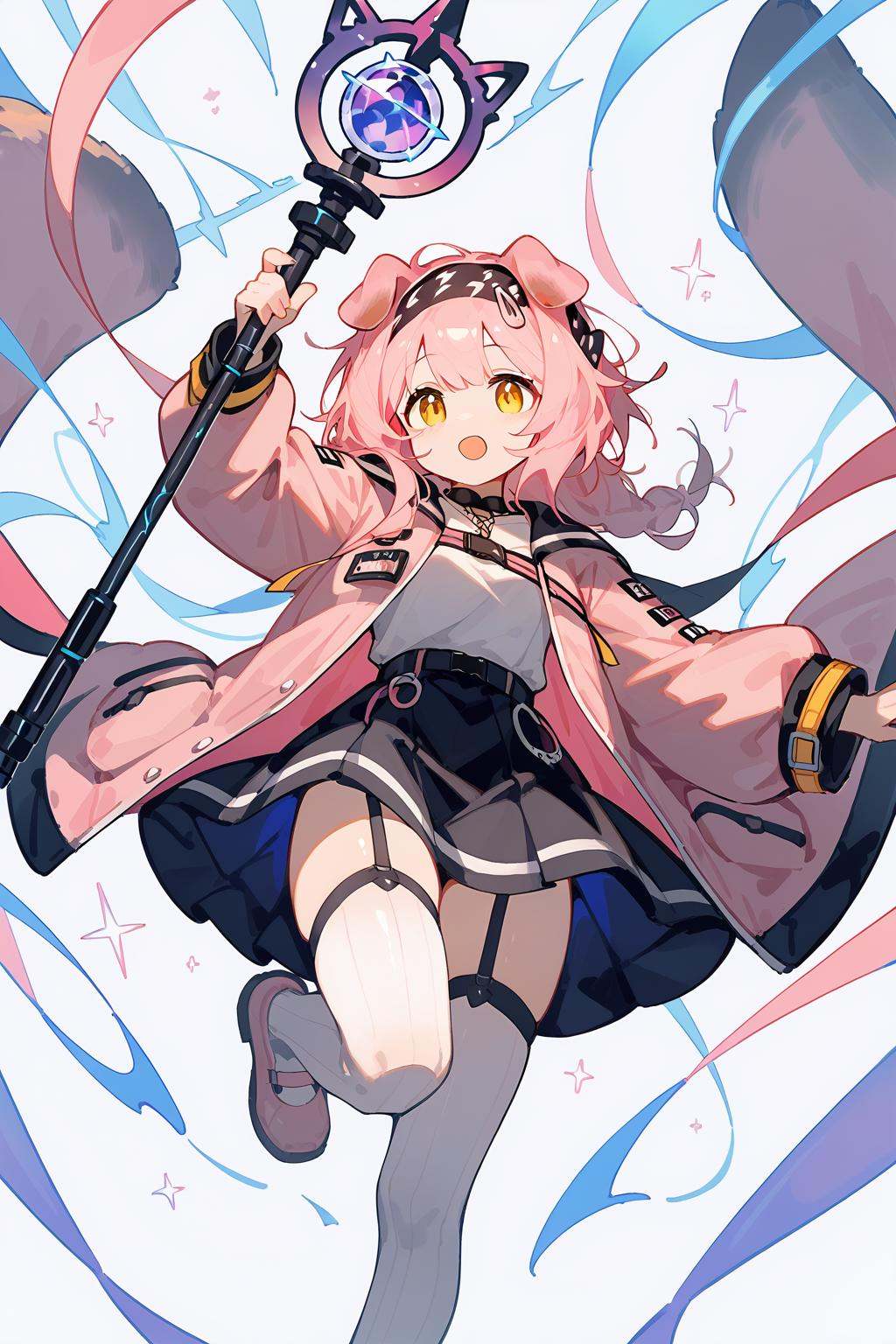(score_9,score_8_up,score_7_up),<lora:Goldenglow(Arknights)-v1-000008:0.8>,goldenglow (arknights),1girl,solo,animal ears,thighhighs,cat ears,pink hair,long hair,skirt,open mouth,holding,garter straps,yellow eyes,black hairband,electricity,white thighhighs,black skirt,shirt,white shirt,open clothes,hairband,looking at viewer,long sleeves,staff,jacket,holding staff,cat girl,shoes,arm up,cat tail,pink coat,zettai ryouiki,pink footwear,bangs,hair down,floppy ears,good feet,anime,NSFW,expressive,amazing quality,ultra hd 32k,