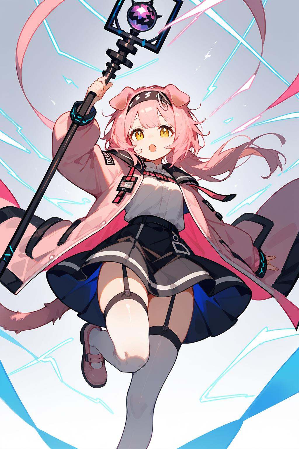 (score_9,score_8_up,score_7_up),<lora:Goldenglow(Arknights)-v1-000008:0.6>,goldenglow (arknights),1girl,solo,animal ears,thighhighs,cat ears,pink hair,long hair,skirt,open mouth,holding,garter straps,yellow eyes,black hairband,electricity,white thighhighs,black skirt,shirt,white shirt,open clothes,hairband,looking at viewer,long sleeves,staff,jacket,holding staff,cat girl,shoes,arm up,cat tail,pink coat,zettai ryouiki,pink footwear,bangs,hair down,floppy ears,good feet,anime,NSFW,expressive,amazing quality,ultra hd 32k,