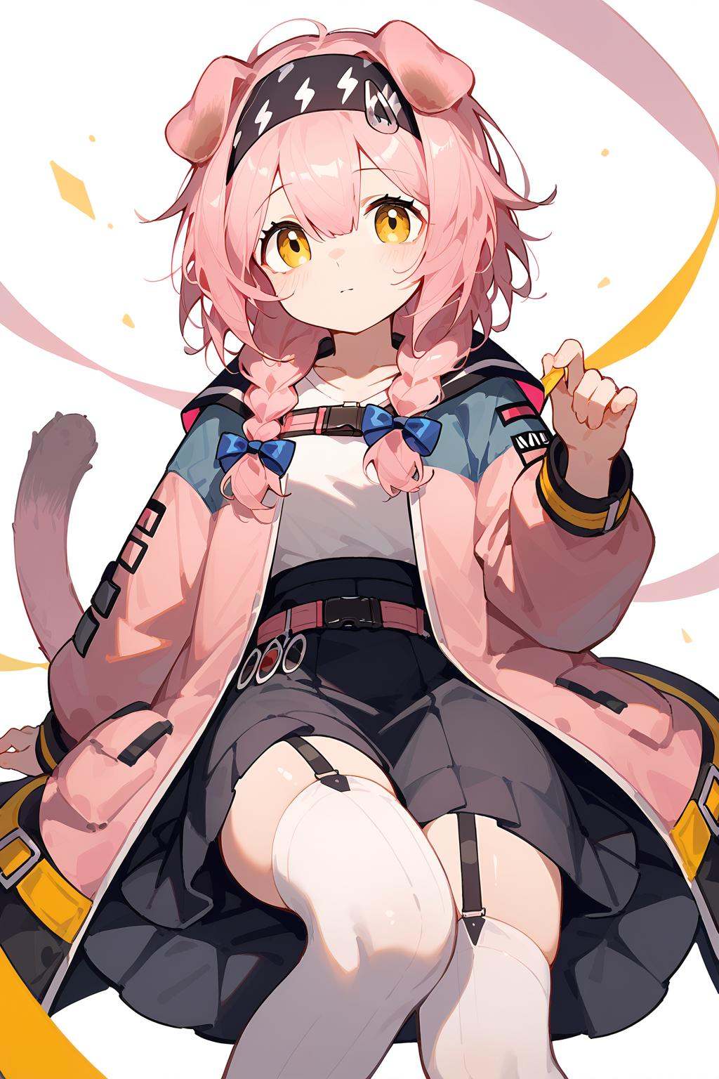 (score_9,score_8_up,score_7_up),<lora:Goldenglow(Arknights)-v1-000008:0.8>,goldenglow (arknights),1girl,solo,animal ears,yellow eyes,garter straps,cat ears,thighhighs,long hair,skirt,white thighhighs,braid,black skirt,pink hair,hairband,tail,cat tail,long sleeves,pink coat,jacket,pink jacket,bow,blue bow,looking at viewer,black hairband,cat girl,bangs,shirt,floppy ears,open clothes,open jacket,hair between eyes,white shirt,good feet,anime,NSFW,expressive,amazing quality,ultra hd 32k,