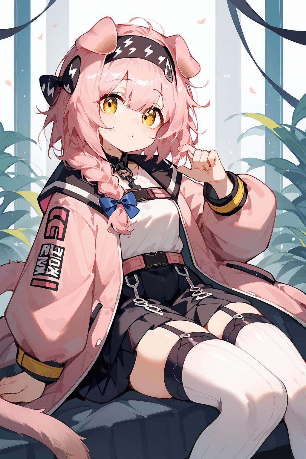 (score_9,score_8_up,score_7_up),<lora:Goldenglow(Arknights)-v1-000008:0.8>,goldenglow (arknights),1girl,solo,animal ears,yellow eyes,garter straps,cat ears,thighhighs,long hair,skirt,white thighhighs,braid,black skirt,pink hair,hairband,tail,cat tail,long sleeves,pink coat,jacket,pink jacket,bow,blue bow,looking at viewer,black hairband,cat girl,bangs,shirt,floppy ears,open clothes,open jacket,hair between eyes,white shirt,good feet,anime,NSFW,expressive,amazing quality,ultra hd 32k,