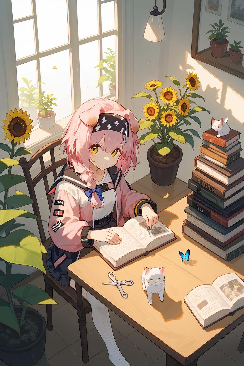 (score_9,score_8_up,score_7_up),<lora:Goldenglow(Arknights)-v1-000008:0.8>,goldenglow (arknights),1girl,scissors,animal ears,bug,solo,garter straps,cat ears,thighhighs,long hair,skirt,flower,white thighhighs,braid,butterfly,black skirt,pink hair,hairband,tail,cat tail,open book,long sleeves,book,jacket,pink jacket,animal,bow,blue bow,yellow eyes,cat,looking at viewer,black hairband,hair bow,cat girl,from above,plant,bangs,yellow flower,shirt,floppy ears,parted lips,multicolored jacket,pink coat,indoors,open clothes,potted plant,two-tone jacket,sunflower,staff,single braid,open jacket,cup,:o,multicolored clothes,holding,hair between eyes,table,white shirt,floating object,chair,good feet,anime,NSFW,expressive,amazing quality,ultra hd 32k,