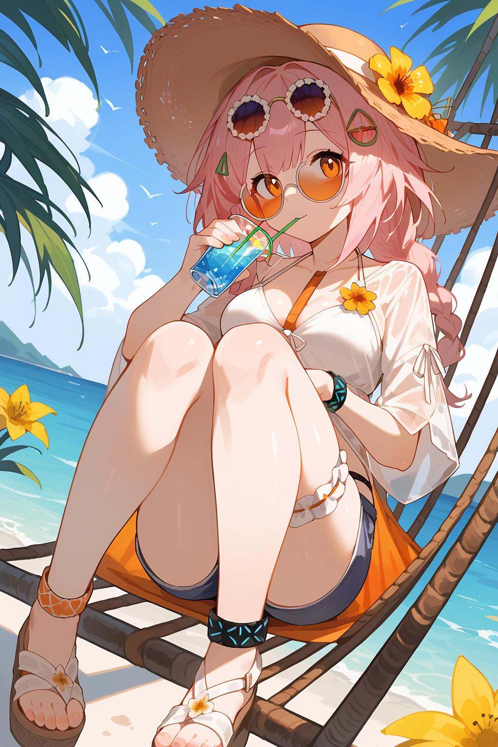 (score_9,score_8_up,score_7_up),<lora:Goldenglow(Arknights)-v1-000008:0.8>,goldenglow (arknights),1girl,pink hair,looking at viewer,solo,sandals,flower,drinking straw,hat,holding,swimsuit,breasts,bikini,outdoors,blue shorts,long hair,food,shorts,hair ornament,yellow eyes,water,day,cup,hammock,bangs,white bikini,official alternate costume,sunglasses,brown headwear,drinking glass,dutch angle,sitting,knees up,medium breasts,yellow flower,thigh strap,orange eyes,shirt,eyewear removed,braid,white shirt,full body,animal ears,bridal garter,hair flower,holding cup,drinking straw in mouth,good feet,anime,NSFW,expressive,amazing quality,ultra hd 32k,
