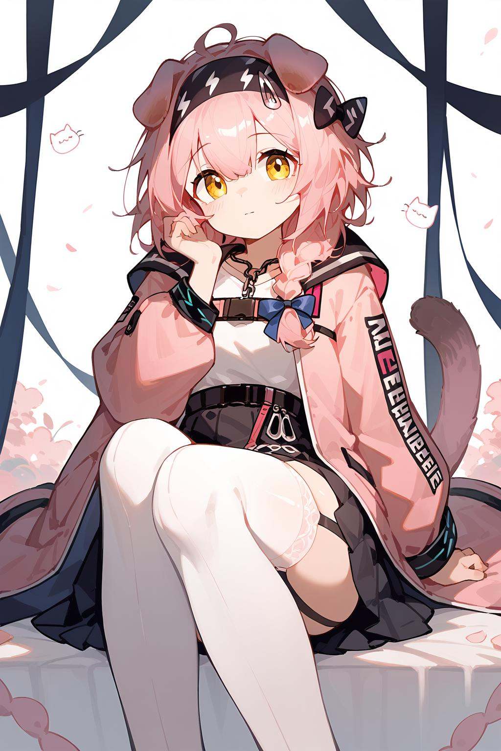 (score_9,score_8_up,score_7_up),<lora:Goldenglow(Arknights)-v1-000008:0.8>,goldenglow (arknights),1girl,solo,animal ears,yellow eyes,garter straps,cat ears,thighhighs,long hair,skirt,white thighhighs,braid,black skirt,pink hair,hairband,tail,cat tail,long sleeves,pink coat,jacket,pink jacket,bow,blue bow,looking at viewer,black hairband,cat girl,bangs,shirt,floppy ears,open clothes,open jacket,hair between eyes,white shirt,good feet,anime,NSFW,expressive,amazing quality,ultra hd 32k,