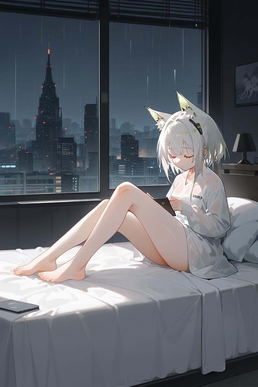 (score_9,score_8_up,score_7_up),<lora:kal'tsit (arknights)-v1:0.8>,1girl,kal'tsit (arknights),animal ears,solo,closed eyes,window,cat ears,rain,lying,barefoot,green hair,indoors,sleeping,night,on side,on bed,pillow,dress,short hair,closed mouth,full body,long sleeves,animal ear fluff,bed,bare legs,bangs,white hair,city,alternate costume,good feet,anime,NSFW,expressive,amazing quality,ultra hd 32k,