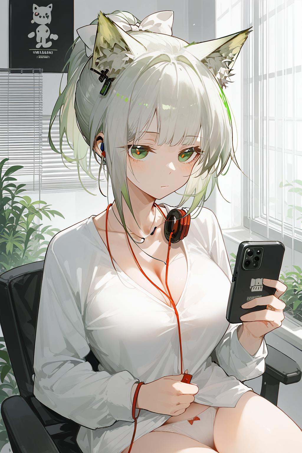 (score_9,score_8_up,score_7_up),<lora:kal'tsit (arknights)-v1:0.8>,1girl,kal'tsit (arknights),solo,animal ears,breasts,green eyes,shirt,cleavage,white shirt,holding,cat ears,alternate costume,long sleeves,earphones,phone,blinds,animal ear fluff,large breasts,white hair,ponytail,indoors,holding phone,closed mouth,short hair,bangs,bow,collarbone,cellphone,white bow,earbuds,sitting,panties,hair bow,underwear,green hair,good feet,anime,NSFW,expressive,amazing quality,ultra hd 32k,