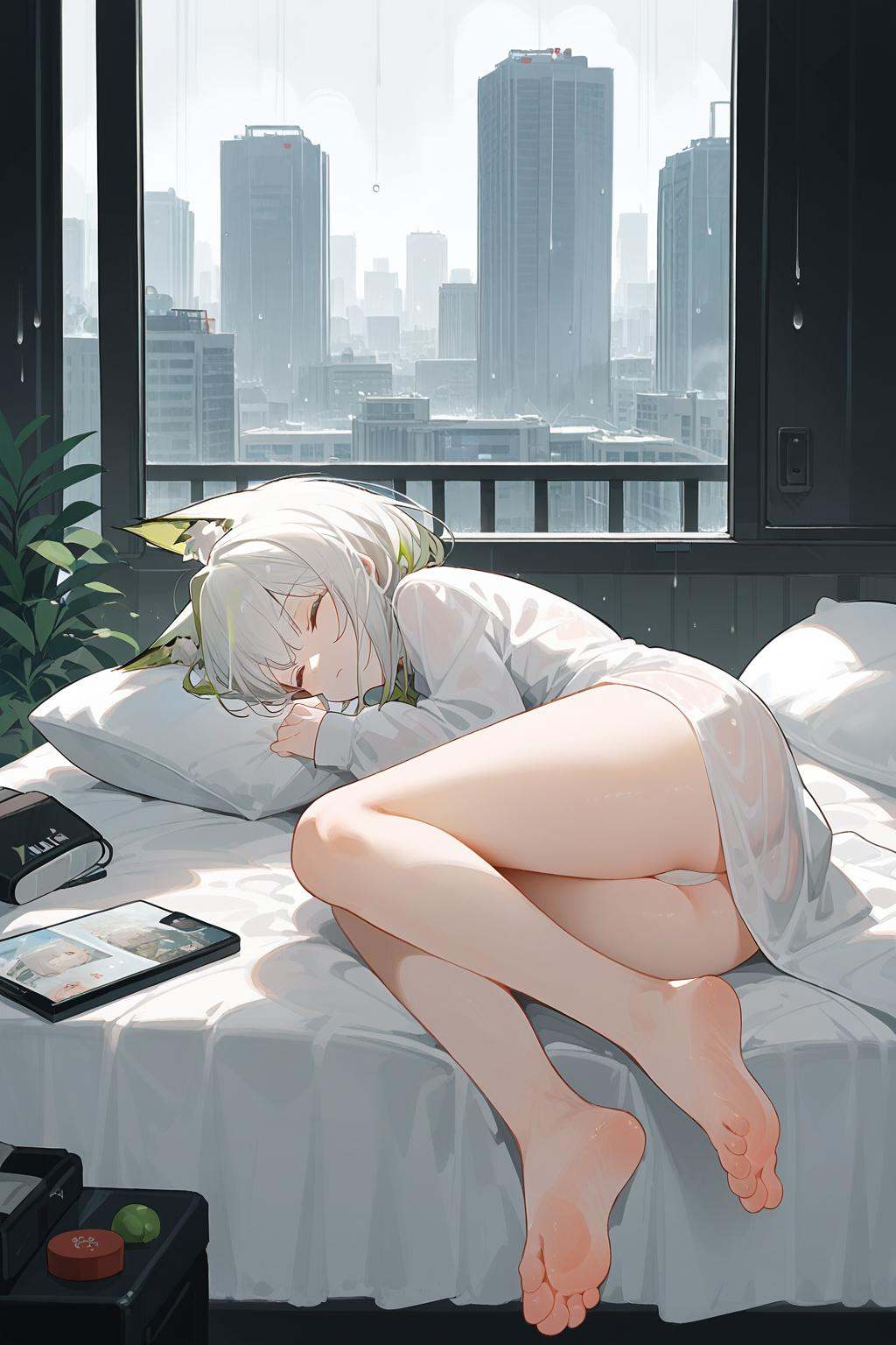 (score_9,score_8_up,score_7_up),<lora:kal'tsit (arknights)-v1:0.8>,1girl,kal'tsit (arknights),animal ears,solo,closed eyes,window,cat ears,rain,lying,barefoot,green hair,indoors,sleeping,night,on side,on bed,pillow,dress,short hair,closed mouth,full body,long sleeves,animal ear fluff,bed,bare legs,bangs,white hair,city,alternate costume,good feet,anime,NSFW,expressive,amazing quality,ultra hd 32k,