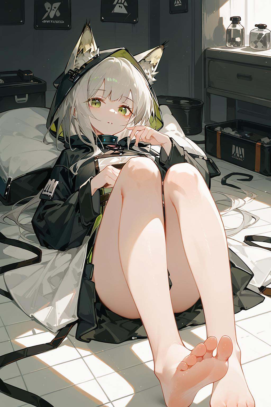 (score_9,score_8_up,score_7_up),<lora:kal'tsit (arknights)-v1:0.8>,1girl,solo,kal'tsit (arknights),green eyes,animal ears,lying,on back,looking at viewer,bare legs,long hair,cat ears,barefoot,hood,dress,parted lips,grey hair,on floor,knees up,animal ear fluff,black dress,indoors,hood up,long sleeves,good feet,anime,NSFW,expressive,amazing quality,ultra hd 32k,