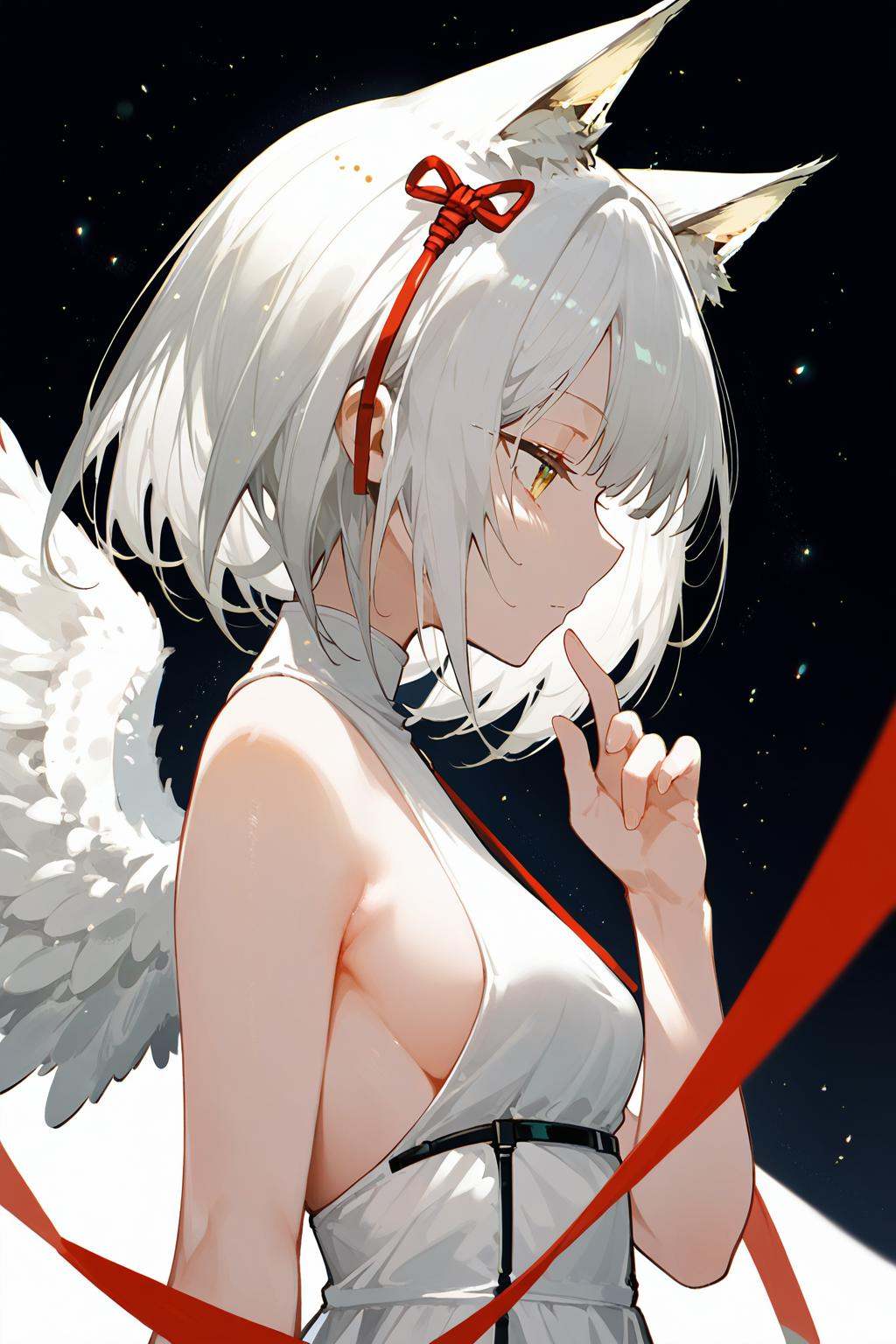 (score_9,score_8_up,score_7_up),<lora:kal'tsit (arknights)-v1:0.8>,1girl,solo,dress,animal ears,wings,breasts,white dress,white hair,bare shoulders,ribbon,sleeveless dress,small breasts,red ribbon,sleeveless,from side,black background,upper body,bare arms,chromatic aberration,feathered wings,bangs,cat ears,kal'tsit (arknights),hand up,profile,animal ear fluff,yellow eyes,light particles,medium hair,medium breasts,angel wings,white background,good feet,anime,NSFW,expressive,amazing quality,ultra hd 32k,