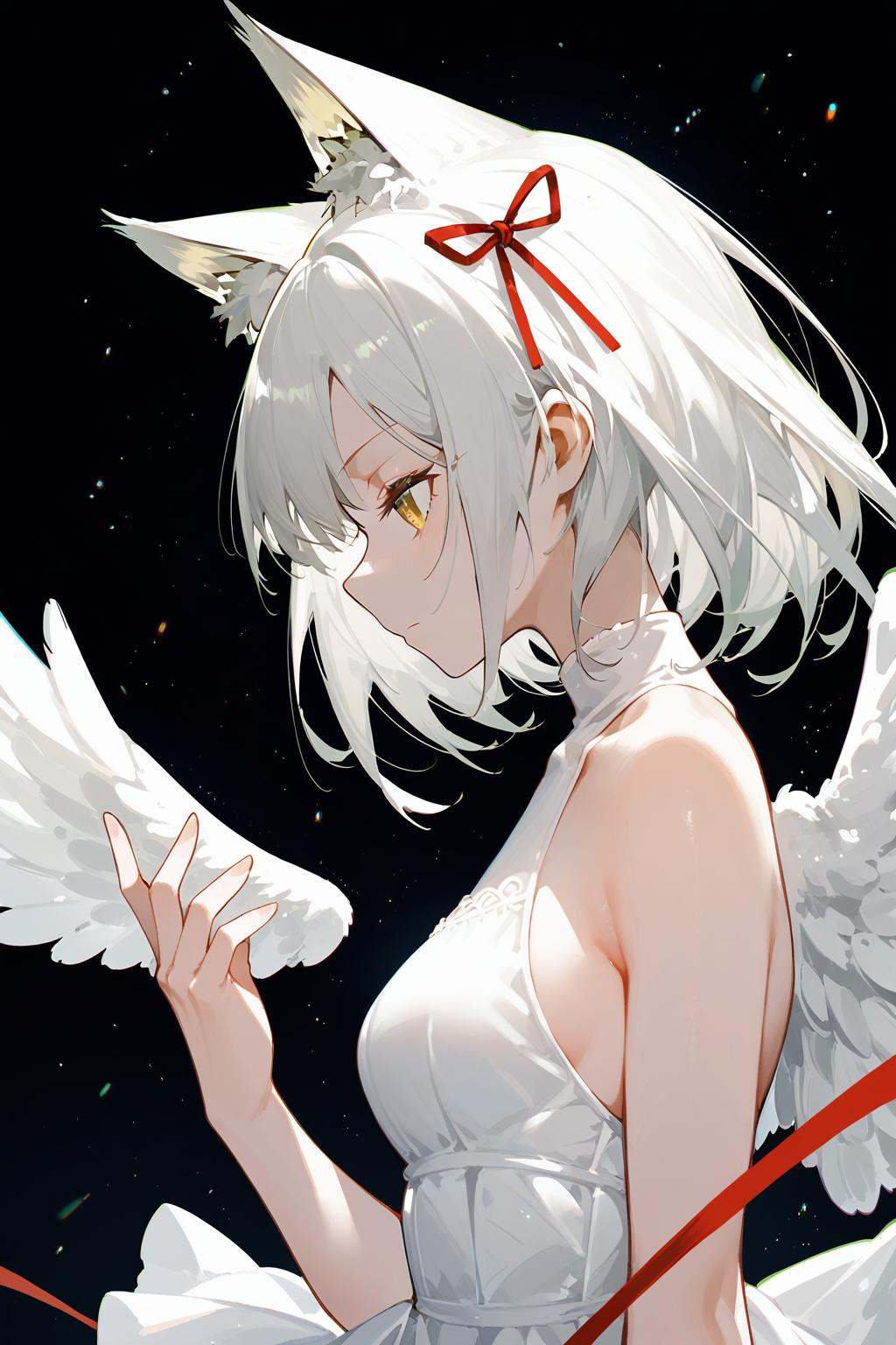 (score_9,score_8_up,score_7_up),<lora:kal'tsit (arknights)-v1:0.8>,1girl,solo,dress,animal ears,wings,breasts,white dress,white hair,bare shoulders,ribbon,sleeveless dress,small breasts,red ribbon,sleeveless,from side,black background,upper body,bare arms,chromatic aberration,feathered wings,bangs,cat ears,kal'tsit (arknights),hand up,profile,animal ear fluff,yellow eyes,light particles,medium hair,medium breasts,angel wings,white background,good feet,anime,NSFW,expressive,amazing quality,ultra hd 32k,