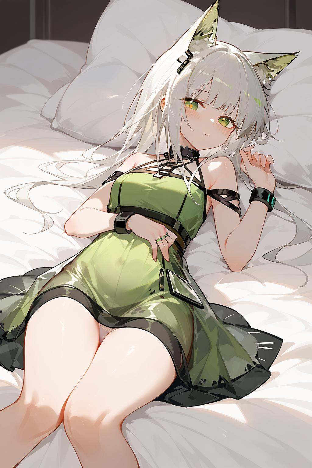 (score_9,score_8_up,score_7_up),<lora:kal'tsit (arknights)-v1:0.8>,1girl,kal'tsit (arknights),animal ears,solo,green eyes,watch,dress,green dress,blush,looking at viewer,wristwatch,pillow,animal ear fluff,bare shoulders,white hair,lying,cat ears,bangs,bed sheet,jewelry,white panties,panties,on bed,ring,long hair,underwear,see-through,short dress,good feet,anime,NSFW,expressive,amazing quality,ultra hd 32k,