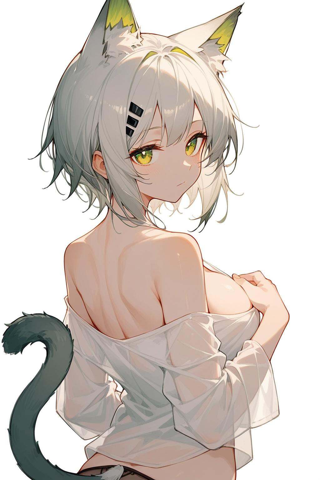(score_9,score_8_up,score_7_up),1girl,animal ears,solo,breasts,tail,cat ears,white hair,looking at viewer,kal'tsit (arknights),short hair,cat tail,yellow eyes,looking back,white shirt,large breasts,upper body,shirt,off shoulder,bird,bare shoulders,covering breasts,from behind,see-through,covering,cat girl,closed mouth,underwear,bangs,green eyes,black panties,white background,panties,animal ear fluff,good feet,anime,NSFW,expressive,amazing quality,ultra hd 32k,