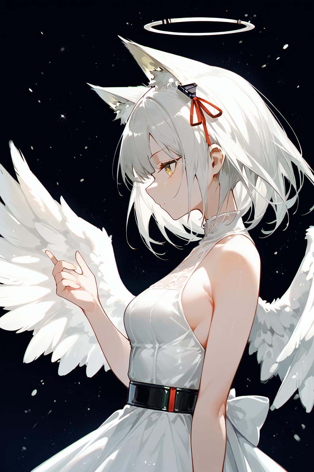 (score_9,score_8_up,score_7_up),<lora:kal'tsit (arknights)-v1:0.8>,1girl,solo,dress,animal ears,wings,breasts,white dress,white hair,bare shoulders,ribbon,sleeveless dress,small breasts,red ribbon,sleeveless,from side,black background,upper body,bare arms,chromatic aberration,feathered wings,bangs,cat ears,kal'tsit (arknights),hand up,profile,animal ear fluff,yellow eyes,light particles,medium hair,medium breasts,angel wings,white background,good feet,anime,NSFW,expressive,amazing quality,ultra hd 32k,