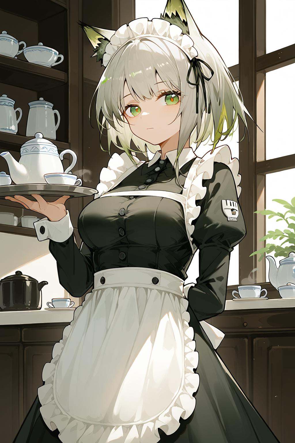 (score_9,score_8_up,score_7_up),<lora:kal'tsit (arknights)-v1:0.8>,1girl,kal'tsit (arknights),animal ears,solo,green eyes,apron,maid headdress,cup,maid,dress,long sleeves,cat ears,looking at viewer,official alternate costume,black dress,holding,white apron,breasts,indoors,hand on own chest,animal ear fluff,closed mouth,tray,short hair,cowboy shot,puffy sleeves,bangs,holding tray,juliet sleeves,alternate costume,medium breasts,maid apron,frills,teacup,plate,grey hair,green hair,ribbon,black ribbon,white hair,saucer,frilled apron,hair ribbon,teapot,buttons,standing,good feet,anime,NSFW,expressive,amazing quality,ultra hd 32k,