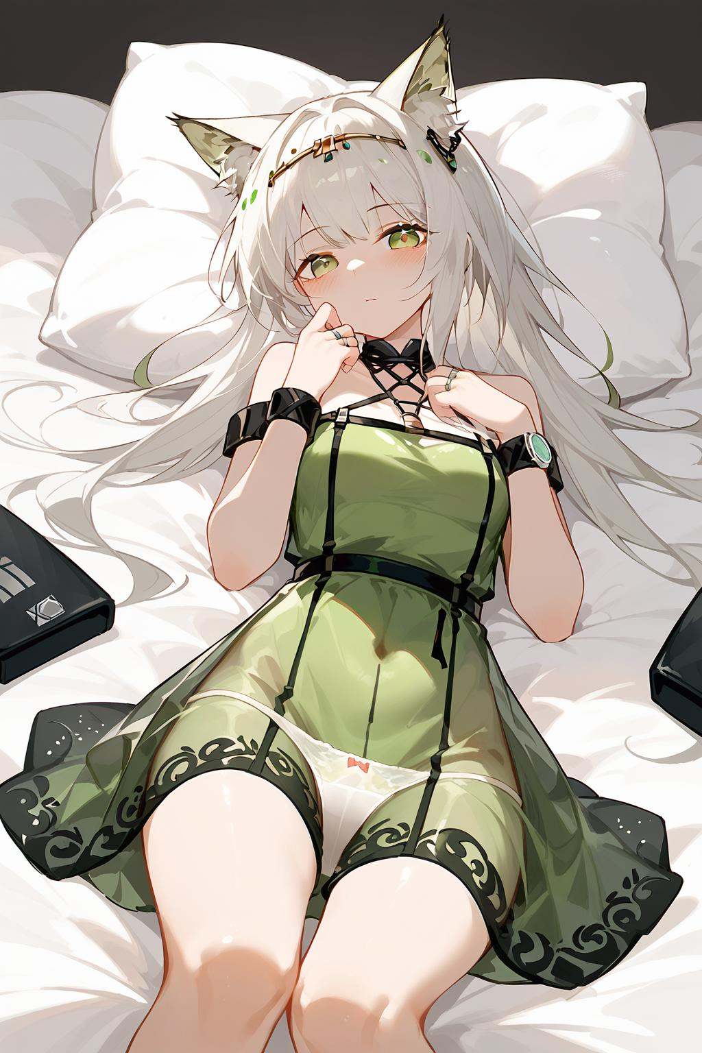 (score_9,score_8_up,score_7_up),<lora:kal'tsit (arknights)-v1:0.8>,1girl,kal'tsit (arknights),animal ears,solo,green eyes,watch,dress,green dress,blush,looking at viewer,wristwatch,pillow,animal ear fluff,bare shoulders,white hair,lying,cat ears,bangs,bed sheet,jewelry,white panties,panties,on bed,ring,long hair,underwear,see-through,short dress,good feet,anime,NSFW,expressive,amazing quality,ultra hd 32k,