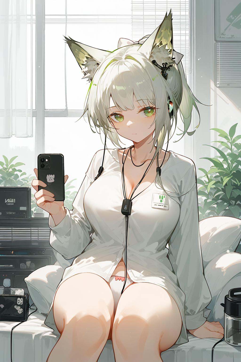 (score_9,score_8_up,score_7_up),<lora:kal'tsit (arknights)-v1:0.8>,1girl,kal'tsit (arknights),solo,animal ears,breasts,green eyes,shirt,cleavage,white shirt,holding,cat ears,alternate costume,long sleeves,earphones,phone,blinds,animal ear fluff,large breasts,white hair,ponytail,indoors,holding phone,closed mouth,short hair,bangs,bow,collarbone,cellphone,white bow,earbuds,sitting,panties,hair bow,underwear,green hair,good feet,anime,NSFW,expressive,amazing quality,ultra hd 32k,