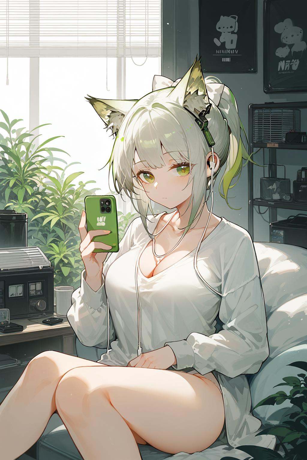 (score_9,score_8_up,score_7_up),<lora:kal'tsit (arknights)-v1:0.8>,1girl,kal'tsit (arknights),solo,animal ears,breasts,green eyes,shirt,cleavage,white shirt,holding,cat ears,alternate costume,long sleeves,earphones,phone,blinds,animal ear fluff,large breasts,white hair,ponytail,indoors,holding phone,closed mouth,short hair,bangs,bow,collarbone,cellphone,white bow,earbuds,sitting,panties,hair bow,underwear,green hair,good feet,anime,NSFW,expressive,amazing quality,ultra hd 32k,