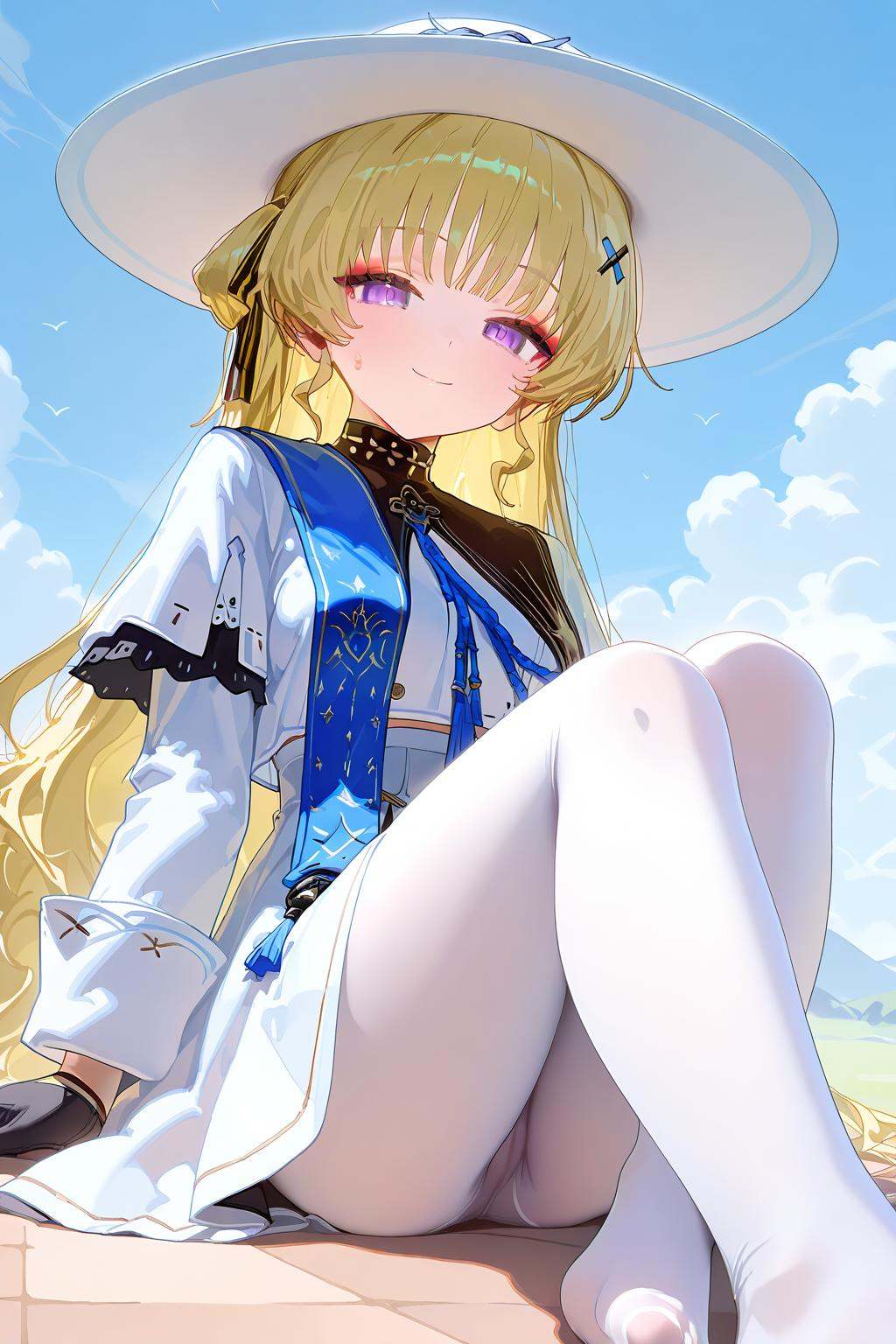 [artist:ningen_mame],artist:ciloranko,<lora:Phoebe(Wuthering Waves)-000006:1>,Phoebe(Wuthering Waves),1girl,solo,sitting,outdoors,gloves,long hair,blonde hair,feet,looking at viewer,pantyhose,breasts,black gloves,hat,purple eyes,ribbon,bangs,white pantyhose,skirt,hair ribbon,sky,smile,long sleeves,no shoes,toes,soles,underwear,closed mouth,panties,white headwear,extremely detailed eyes,highres,fashion photography of busty cute girl,good feet,anime,NSFW,expressive,amazing quality,ultra hd 32k,best quality,amazing quality,very aesthetic,absurdres,beast quality,masterpiece,