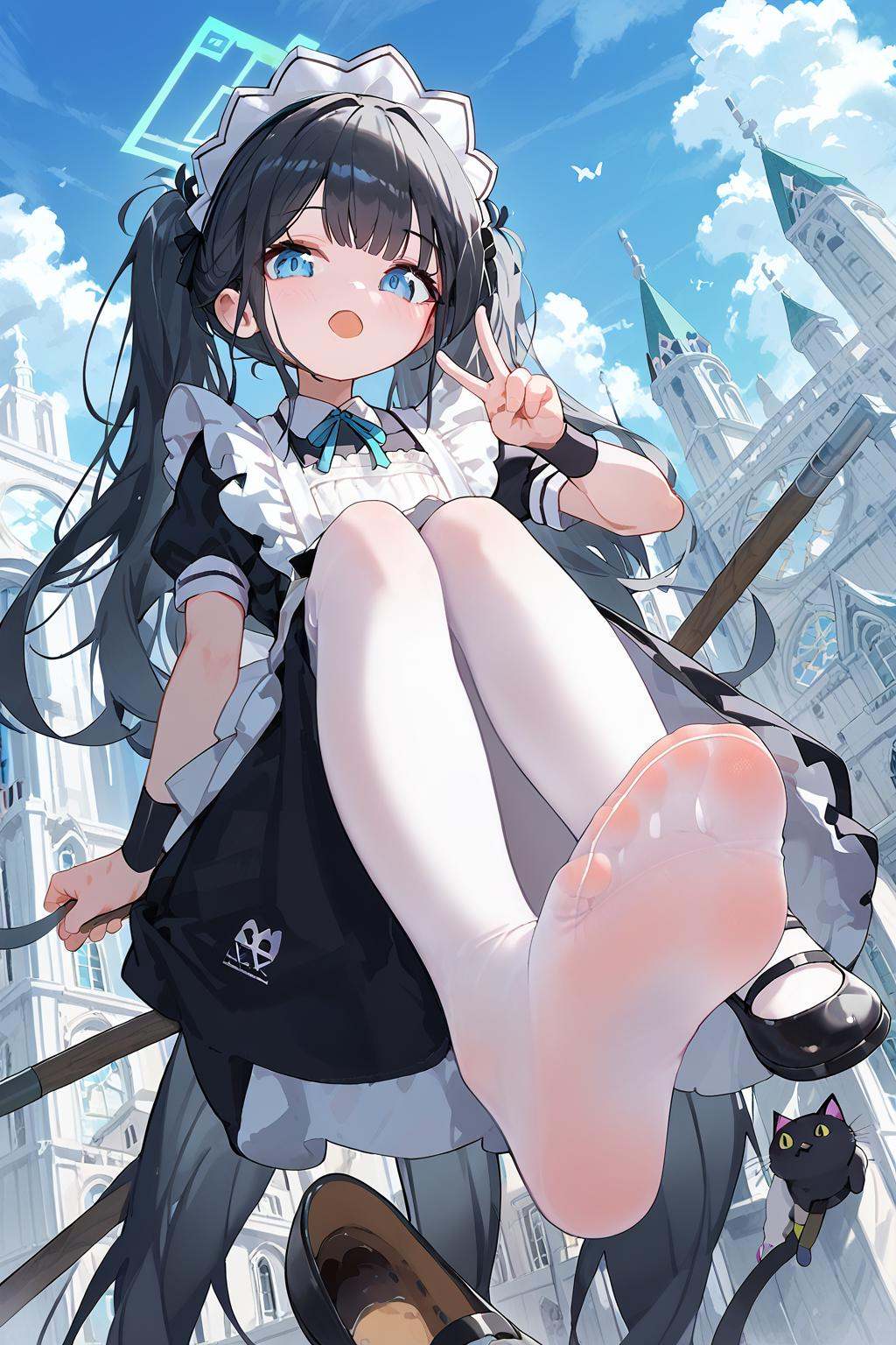 (score_9,score_8_up,score_7_up),<lora:aris_(blue archive)-v1:1>,aris_(blue archive),feet,blue eyes,pantyhose,soles,long hair,shoes,halo,black hair,broom,maid,day,dress,open mouth,sky,toes,very long hair,outdoors,cat,black footwear,no shoes,white pantyhose,multiple girls,apron,broom riding,blue sky,building,looking at viewer,short sleeves,maid headdress,v,black dress,bangs,shoes removed,1girl,from below,cloud,foot focus,frills,black cat,good feet,very beautiful,foreshortening,ultra hd 32k,expressive,anime,NSFW,