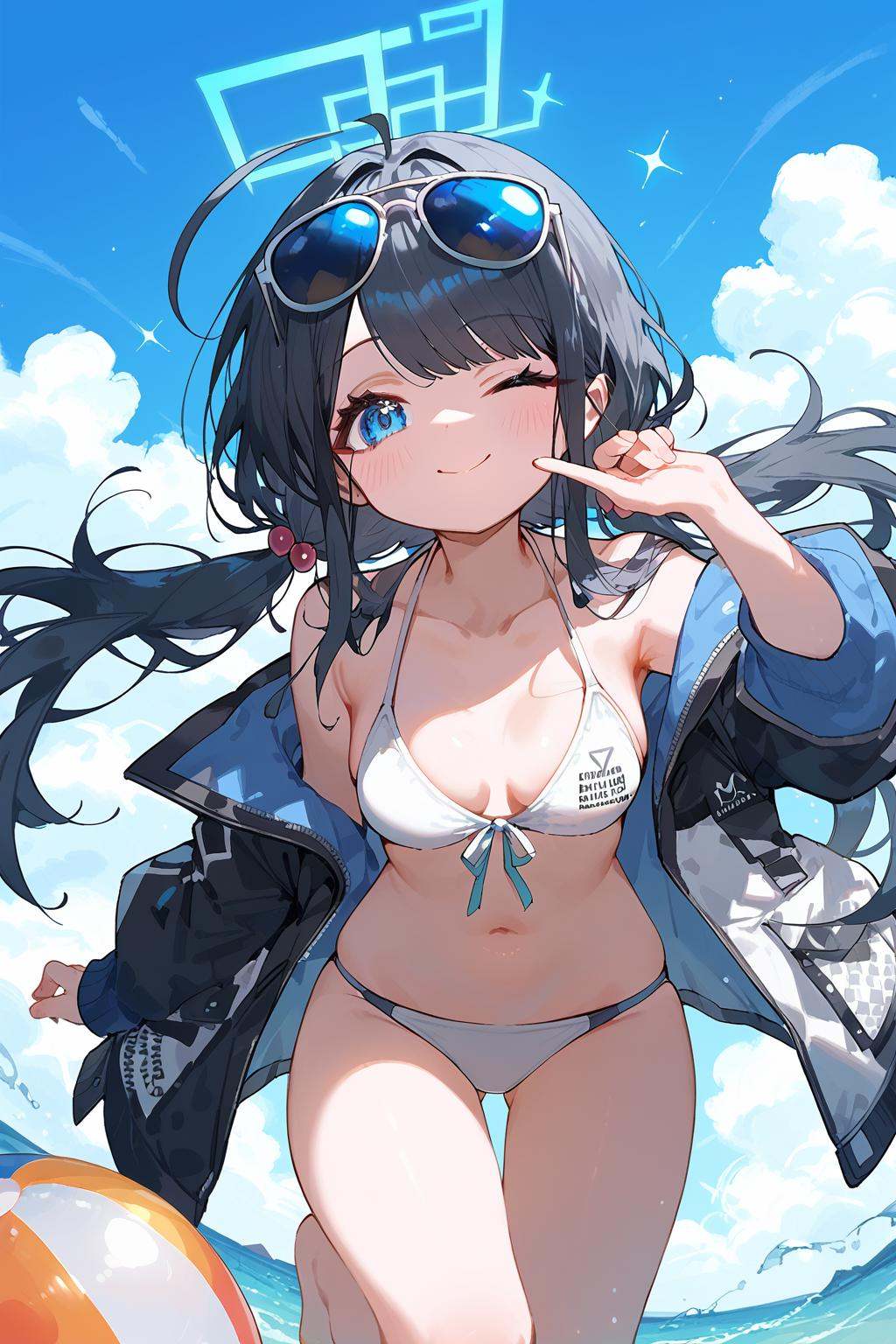 (score_9,score_8_up,score_7_up),<lora:aris_(blue archive)-v1:1>,aris_(blue archive),1girl,solo,long hair,blue eyes,black hair,one eye closed,halo,short sleeves,looking at viewer,bangs,closed mouth,blue ribbon,thighs,sparkle,alternate costume,swimsuit,bikini,white bikini,solo,eyewear on head,one eye closed,ahoge,long hair,sunglasses,hair ornament,ball,smile,jacket,hair bobbles,halo,looking at viewer,beachball,low twintails,holding,open jacket,off shoulder,blush,open clothes,collarbone,breasts,bangs,closed mouth,long sleeves,finger to mouth,good feet,very beautiful,foreshortening,ultra hd 32k,expressive,anime,NSFW,