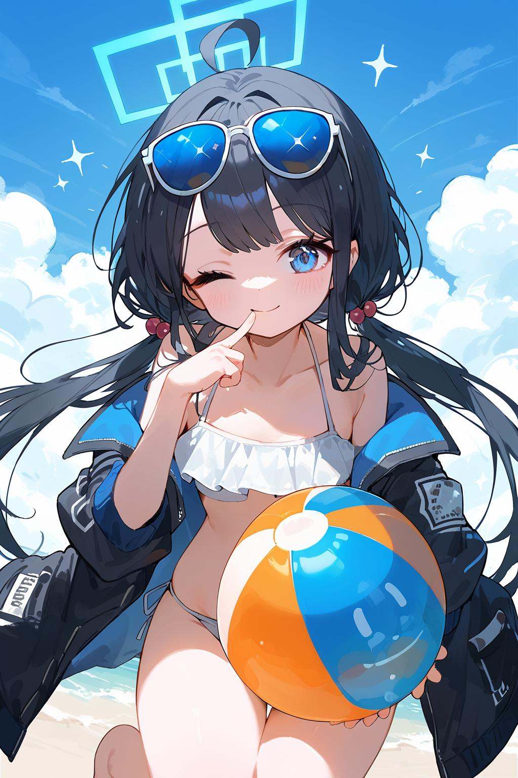 (score_9,score_8_up,score_7_up),<lora:aris_(blue archive)-v1:1>,aris_(blue archive),1girl,solo,long hair,blue eyes,black hair,one eye closed,halo,short sleeves,looking at viewer,bangs,closed mouth,blue ribbon,thighs,sparkle,alternate costume,swimsuit,bikini,white bikini,solo,eyewear on head,one eye closed,ahoge,long hair,sunglasses,hair ornament,ball,smile,jacket,hair bobbles,halo,looking at viewer,beachball,low twintails,holding,open jacket,off shoulder,blush,open clothes,collarbone,breasts,bangs,closed mouth,long sleeves,finger to mouth,good feet,very beautiful,foreshortening,ultra hd 32k,expressive,anime,NSFW,