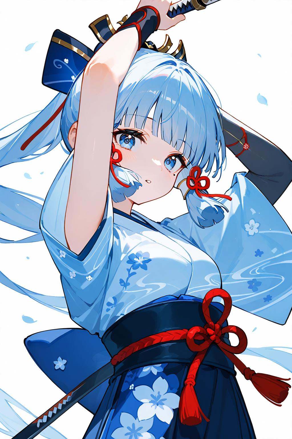 (score_9,score_8_up,score_7_up),<lora:Kamisato Ayaka(Genshin Impact)-v1:1>,Kamisato Ayaka(Genshin Impact),1girl,weapon,sword,holding sword,solo,japanese clothes,holding,holding weapon,long hair,white background,kimono,blue eyes,bangs,looking at viewer,hair ribbon,ribbon,wide sleeves,hair ornament,blunt bangs,parted lips,floral print,upper body,katana,long sleeves,white kimono,tress ribbon,blue hair,mole under eye,sidelocks,light blue hair,red ribbon,mole,white hair,alternate costume,print kimono,alternate hairstyle,obi,breasts,floating hair,bow,sash,arms up,from side,flower knot,hair bow,NSFW,expressive,amazing quality,ultra hd 32k,