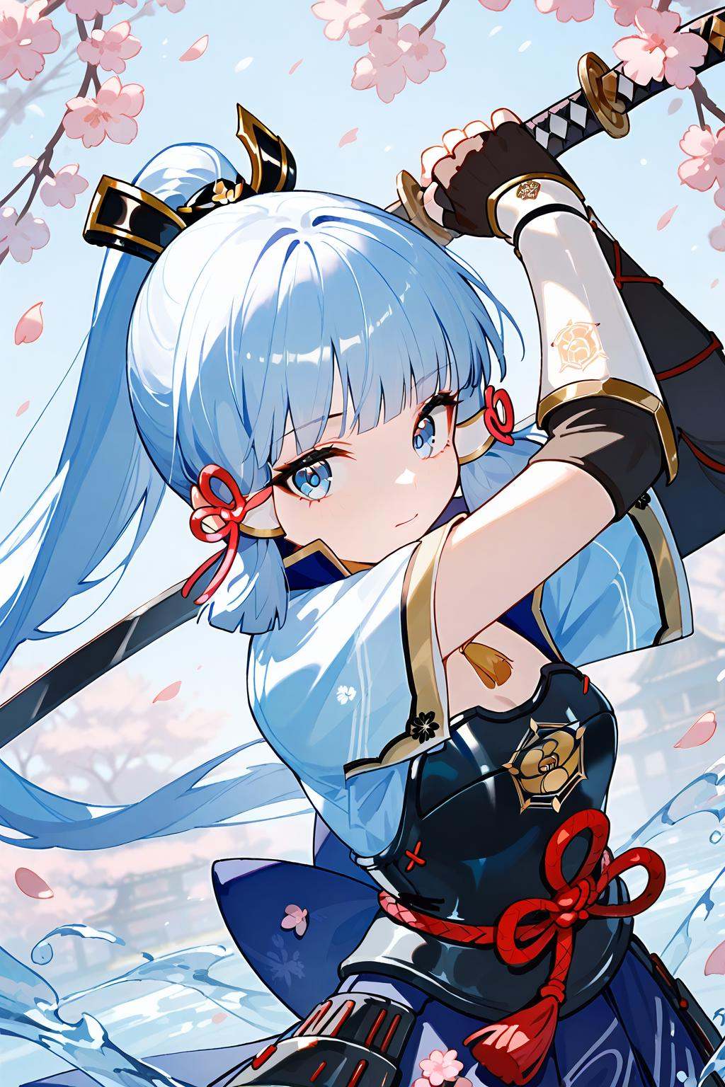 (score_9,score_8_up,score_7_up),<lora:Kamisato Ayaka(Genshin Impact)-v1:1>,Kamisato Ayaka(Genshin Impact),1girl,kamisato ayaka,solo,weapon,sword,blue eyes,holding,armor,ponytail,holding weapon,holding sword,bangs,long hair,ribbon,hair ribbon,blunt bangs,water,gloves,looking at viewer,hair ornament,breastplate,arm guards,blue hair,sidelocks,mole under eye,black gloves,mole,petals,tassel,closed mouth,light blue hair,japanese armor,tress ribbon,red ribbon,japanese clothes,fingerless gloves,arms up,short sleeves,skirt,blue skirt,cherry blossoms,armored dress,vambraces,upper body,katana,NSFW,expressive,amazing quality,ultra hd 32k,