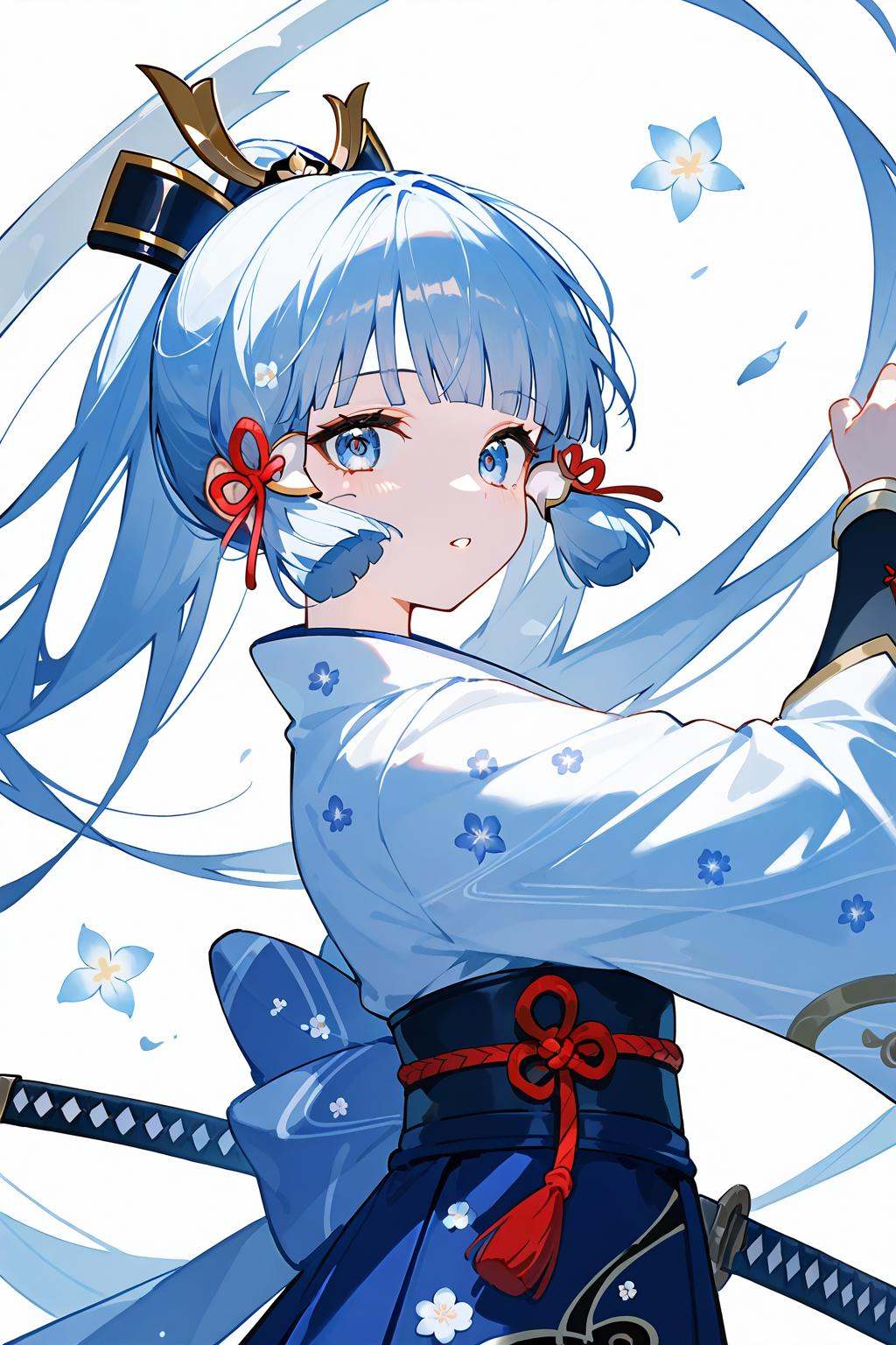 (score_9,score_8_up,score_7_up),<lora:Kamisato Ayaka(Genshin Impact)-v1:1>,Kamisato Ayaka(Genshin Impact),1girl,weapon,sword,holding sword,solo,japanese clothes,holding,holding weapon,long hair,white background,kimono,blue eyes,bangs,looking at viewer,hair ribbon,ribbon,wide sleeves,hair ornament,blunt bangs,parted lips,floral print,upper body,katana,long sleeves,white kimono,tress ribbon,blue hair,mole under eye,sidelocks,light blue hair,red ribbon,mole,white hair,alternate costume,print kimono,alternate hairstyle,obi,breasts,floating hair,bow,sash,arms up,from side,flower knot,hair bow,NSFW,expressive,amazing quality,ultra hd 32k,
