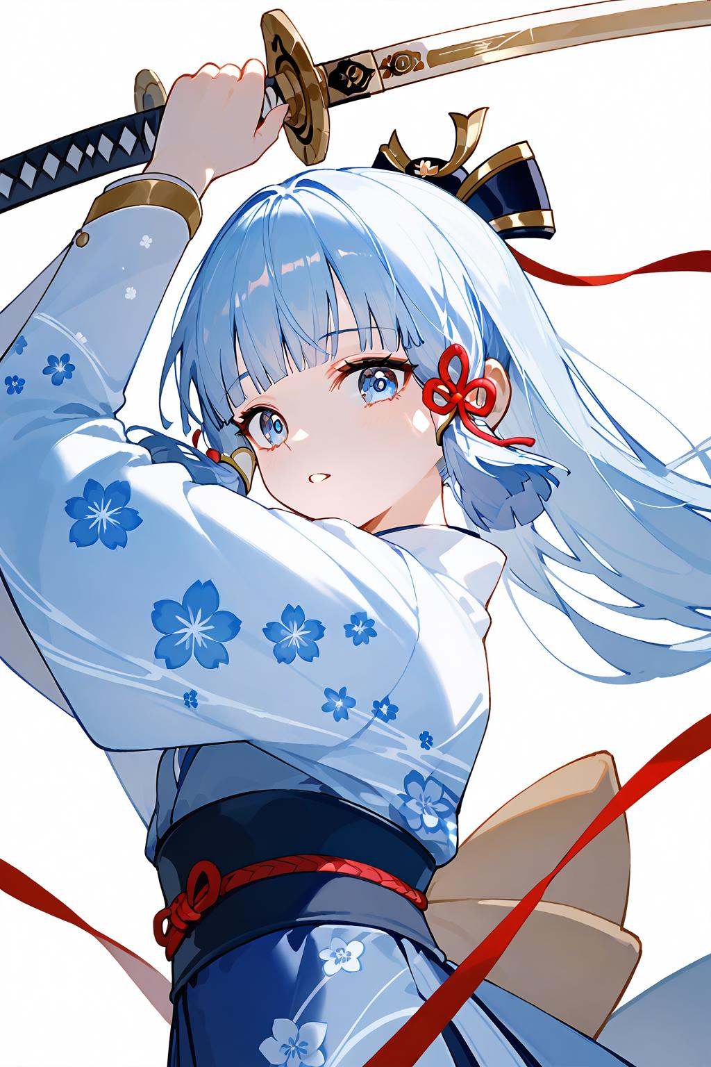 (score_9,score_8_up,score_7_up),<lora:Kamisato Ayaka(Genshin Impact)-v1:1>,Kamisato Ayaka(Genshin Impact),1girl,weapon,sword,holding sword,solo,japanese clothes,holding,holding weapon,long hair,white background,kimono,blue eyes,bangs,looking at viewer,hair ribbon,ribbon,wide sleeves,hair ornament,blunt bangs,parted lips,floral print,upper body,katana,long sleeves,white kimono,tress ribbon,blue hair,mole under eye,sidelocks,light blue hair,red ribbon,mole,white hair,alternate costume,print kimono,alternate hairstyle,obi,breasts,floating hair,bow,sash,arms up,from side,flower knot,hair bow,NSFW,expressive,amazing quality,ultra hd 32k,