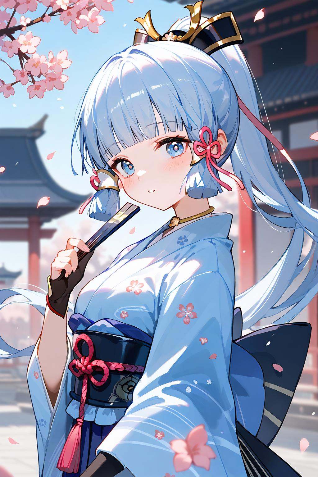 (score_9,score_8_up,score_7_up),<lora:Kamisato Ayaka(Genshin Impact)-v1:1>,Kamisato Ayaka(Genshin Impact),1girl,kamisato ayaka,solo,gloves,japanese clothes,kimono,blue eyes,hair ornament,long hair,flower,holding fan,hand fan,floral print,black gloves,ponytail,looking at viewer,bangs,holding,hair flower,cherry blossoms,petals,ribbon,bow,blunt bangs,wide sleeves,falling petals,folding fan,hair ribbon,sash,mole under eye,blush,long sleeves,hair bow,blue hair,choker,mole,outdoors,obi,frills,sidelocks,black bow,pink flower,parted lips,print kimono,upper body,white hair,blurry,tress ribbon,alternate costume,night,architecture,hand up,pink ribbon,light blue hair,breasts,white kimono,blurry background,very long hair,flower knot,tassel,east asian architecture,NSFW,expressive,amazing quality,ultra hd 32k,