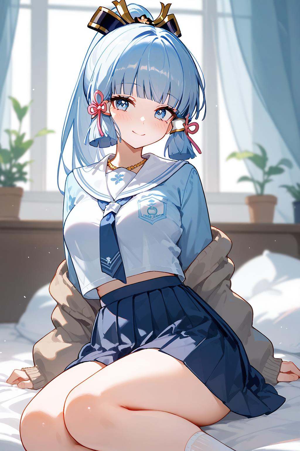(score_9,score_8_up,score_7_up),<lora:Kamisato Ayaka(Genshin Impact)-v1:1>,Kamisato Ayaka(Genshin Impact),1girl,skirt,solo,blue skirt,looking at viewer,breasts,bangs,sitting,blush,school uniform,blue necktie,ponytail,pleated skirt,blue eyes,indoors,hair ribbon,long hair,sailor collar,serafuku,ribbon,shirt,blunt bangs,necktie,white shirt,light blue hair,tress ribbon,cardigan,closed mouth,open clothes,long sleeves,smile,wariza,signature,blue hair,mole,thighs,white sailor collar,mole under eye,sidelocks,window,curtains,open cardigan,large breasts,plant,socks,sleeves past wrists,medium breasts,white hair,jacket,blurry,blurry background,on bed,blue cardigan,neckerchief,blue neckerchief,pink ribbon,alternate costume,grey cardigan,hair ornament,miniskirt,bed,open jacket,good feet,anime,NSFW,expressive,amazing quality,ultra hd 32k,
