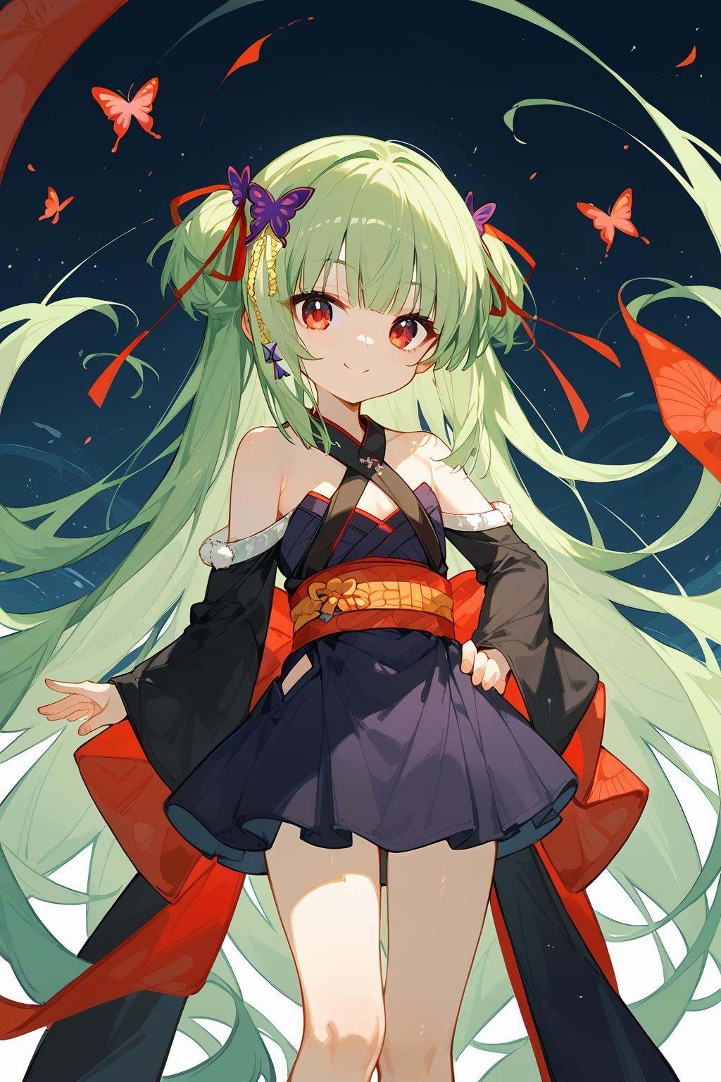 (score_9,score_8_up,score_7_up),bare shoulders,<lora:congyu(Senren Banka)-v1-000008:1>,congyu(Senren*Banka),1girl,solo,long hair,green hair,hair ornament,butterfly hair ornament,japanese clothes,hair ribbon,ribbon,very long hair,hand on hip,detached sleeves,skirt,red eyes,looking at viewer,smile,sash,good feet,anime,NSFW,expressive,amazing quality,ultra hd 32k,