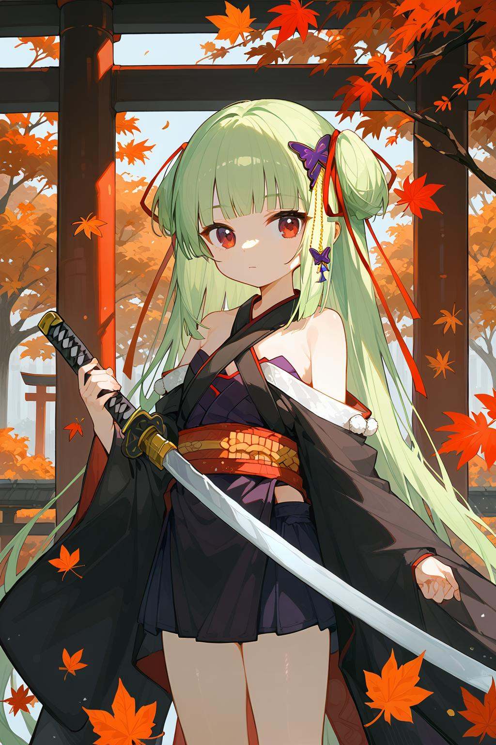 (score_9,score_8_up,score_7_up),<lora:congyu(Senren Banka)-v1:1>,congyu(Senren*Banka),1girl,weapon,sword,green hair,solo,long hair,red eyes,hair ornament,katana,japanese clothes,holding,holding weapon,bangs,holding sword,looking at viewer,kimono,blunt bangs,leaf,very long hair,ribbon,outdoors,butterfly hair ornament,bare shoulders,sash,wide sleeves,autumn leaves,closed mouth,sheath,red ribbon,torii,black kimono,tree,hair ribbon,long sleeves,shimenawa,good feet,anime,NSFW,expressive,amazing quality,ultra hd 32k,