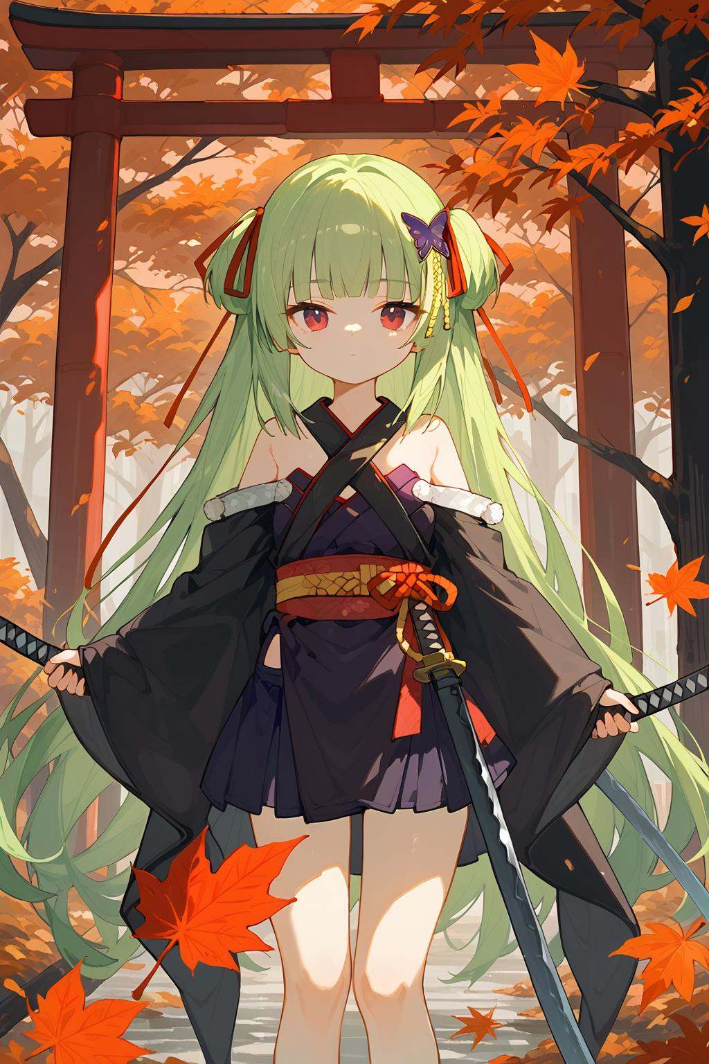 (score_9,score_8_up,score_7_up),<lora:congyu(Senren Banka)-v1:1>,congyu(Senren*Banka),1girl,weapon,sword,green hair,solo,long hair,red eyes,hair ornament,katana,japanese clothes,holding,holding weapon,bangs,holding sword,looking at viewer,kimono,blunt bangs,leaf,very long hair,ribbon,outdoors,butterfly hair ornament,bare shoulders,sash,wide sleeves,autumn leaves,closed mouth,sheath,red ribbon,torii,black kimono,tree,hair ribbon,long sleeves,shimenawa,good feet,anime,NSFW,expressive,amazing quality,ultra hd 32k,