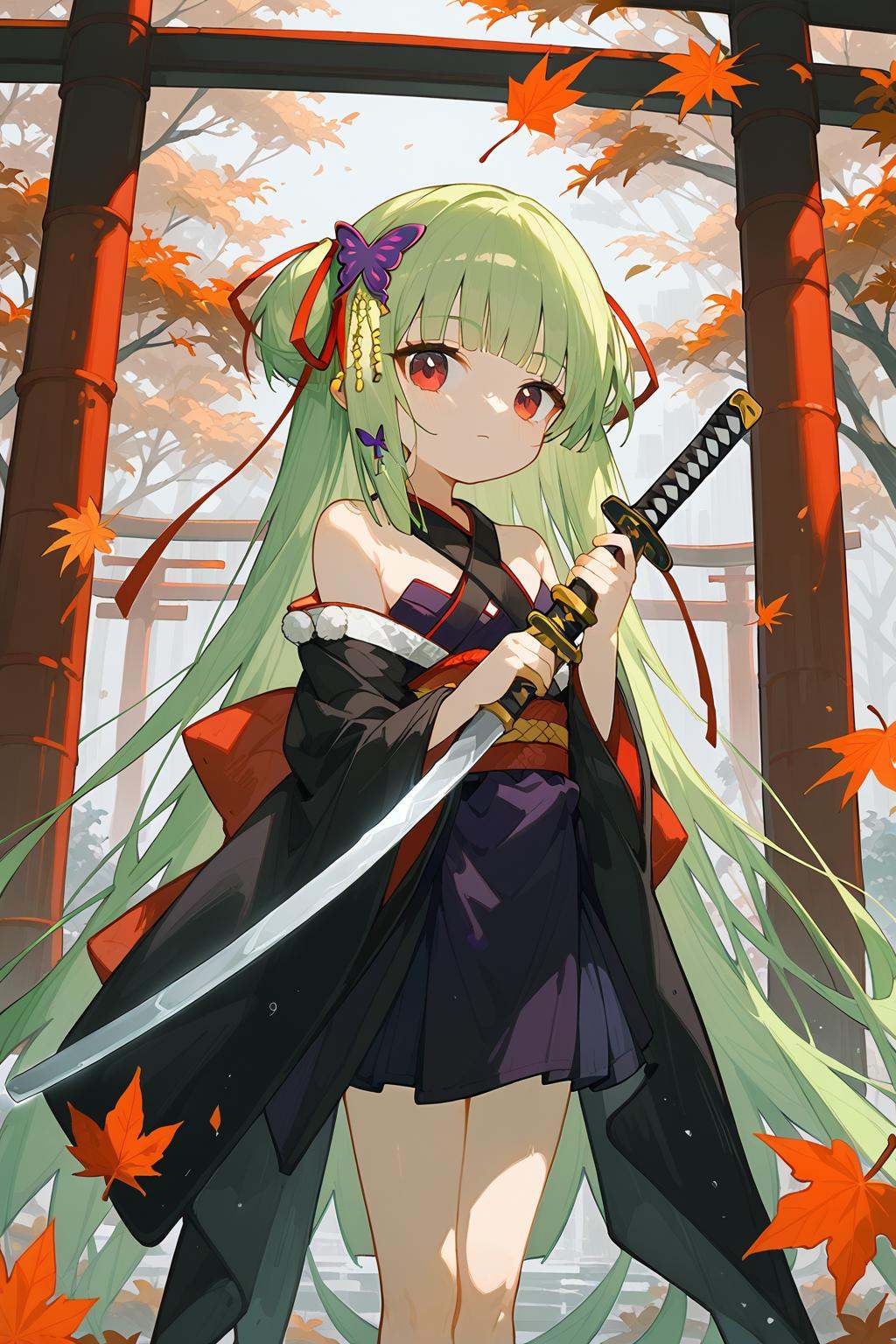 (score_9,score_8_up,score_7_up),<lora:congyu(Senren Banka)-v1:1>,congyu(Senren*Banka),1girl,weapon,sword,green hair,solo,long hair,red eyes,hair ornament,katana,japanese clothes,holding,holding weapon,bangs,holding sword,looking at viewer,kimono,blunt bangs,leaf,very long hair,ribbon,outdoors,butterfly hair ornament,bare shoulders,sash,wide sleeves,autumn leaves,closed mouth,sheath,red ribbon,torii,black kimono,tree,hair ribbon,long sleeves,shimenawa,good feet,anime,NSFW,expressive,amazing quality,ultra hd 32k,