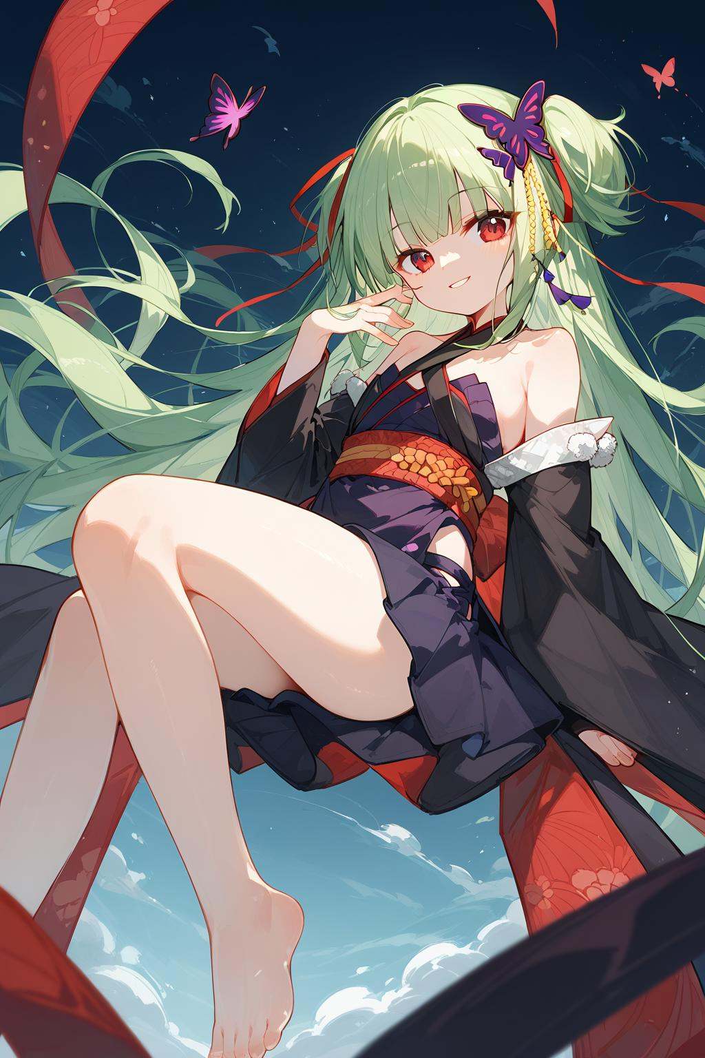 (score_9,score_8_up,score_7_up),<lora:congyu(Senren Banka)-v1:1>,congyu(Senren*Banka),1girl,solo,long hair,green hair,hair ornament,butterfly hair ornament,japanese clothes,hair ribbon,ribbon,bare shoulders,very long hair,hand on hip,detached sleeves,skirt,red eyes,looking at viewer,smile,sash,good feet,anime,NSFW,expressive,amazing quality,ultra hd 32k,