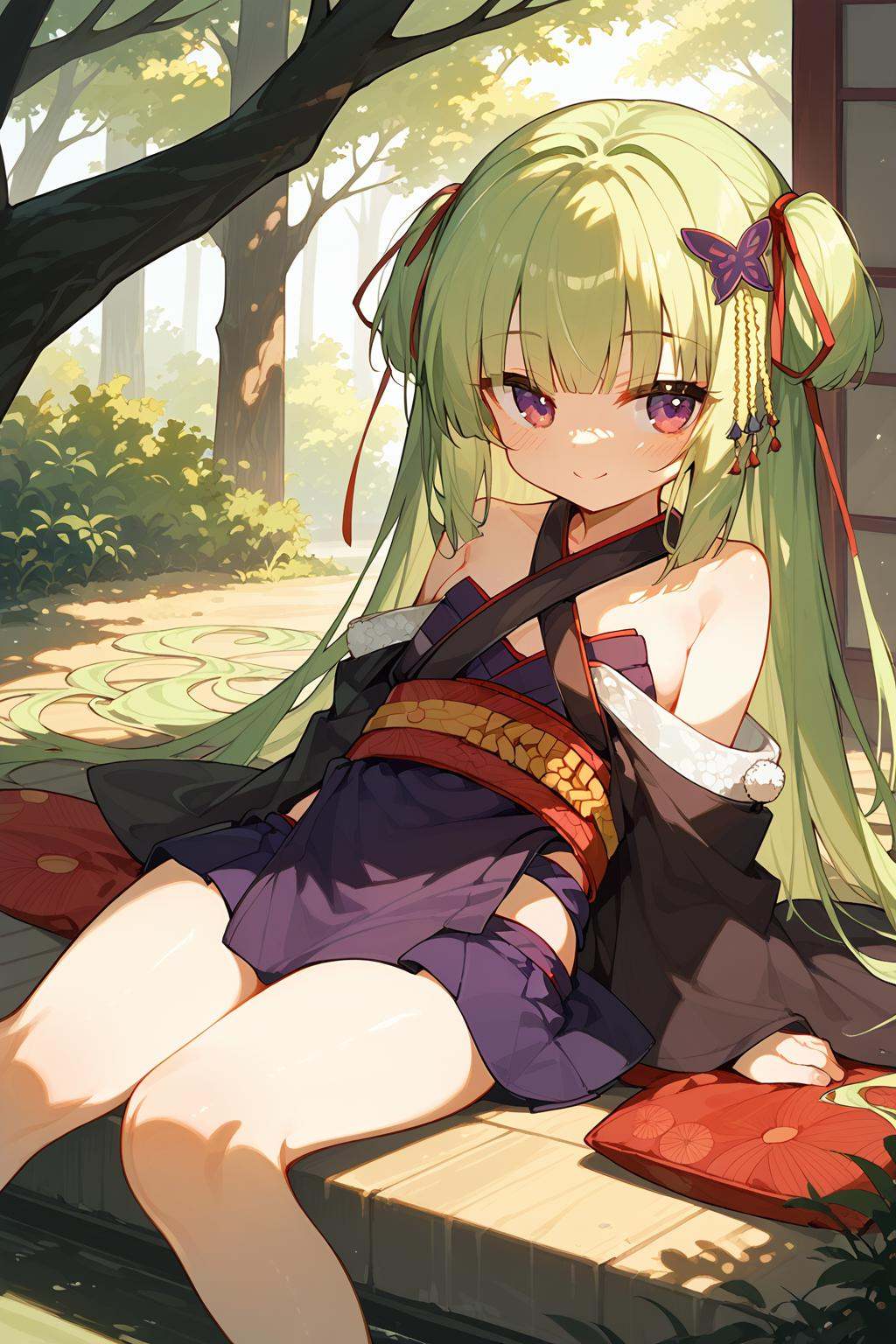 (score_9,score_8_up,score_7_up),<lora:congyu(Senren Banka)-v1:1>,congyu(Senren*Banka),1girl,1boy,long hair,lap pillow,green hair,japanese clothes,smile,bare shoulders,ribbon,hair ribbon,very long hair,kimono,red eyes,brown hair,hair ornament,sitting,sash,brown eyes,obi,blush,dappled sunlight,looking at viewer,purple eyes,lying,off shoulder,tree shade,collarbone,good feet,anime,NSFW,expressive,amazing quality,ultra hd 32k,