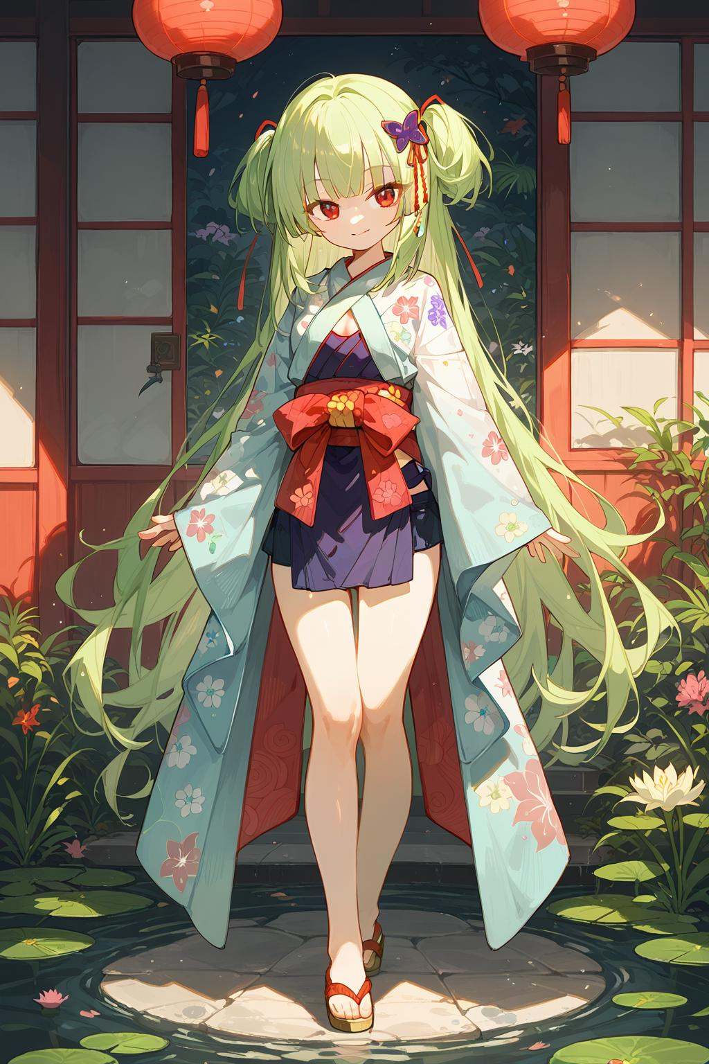 (score_9,score_8_up,score_7_up),<lora:congyu(Senren Banka)-v1:1>,congyu(Senren*Banka),lily pad,1girl,cleavage,long hair,solo,japanese clothes,very long hair,kimono,smile,green hair,looking at viewer,red eyes,yukata,standing,blonde hair,floral print,bangs,good feet,anime,NSFW,expressive,amazing quality,ultra hd 32k,